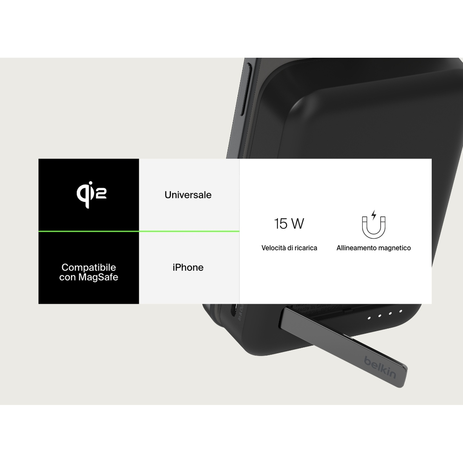 Zwarte Belkin powerbank met MagSafe-compatibiliteit. Beschikt over Qi2, 15W opladen en magnetische uitlijning. Tekstlabels zijn in het Italiaans.
