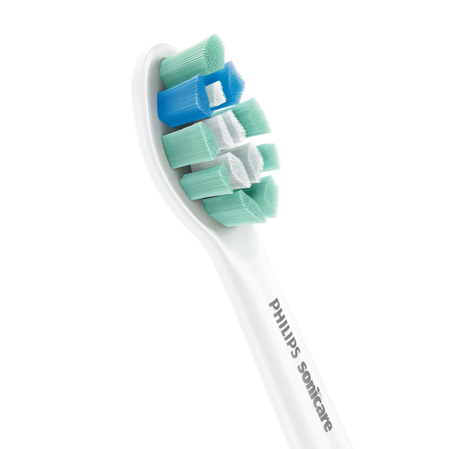 Bir Philips Sonicare diş fırçası başlığının yakın çekimi. Beyaz bir sap üzerinde mavi, beyaz ve yeşil kıllara sahiptir.