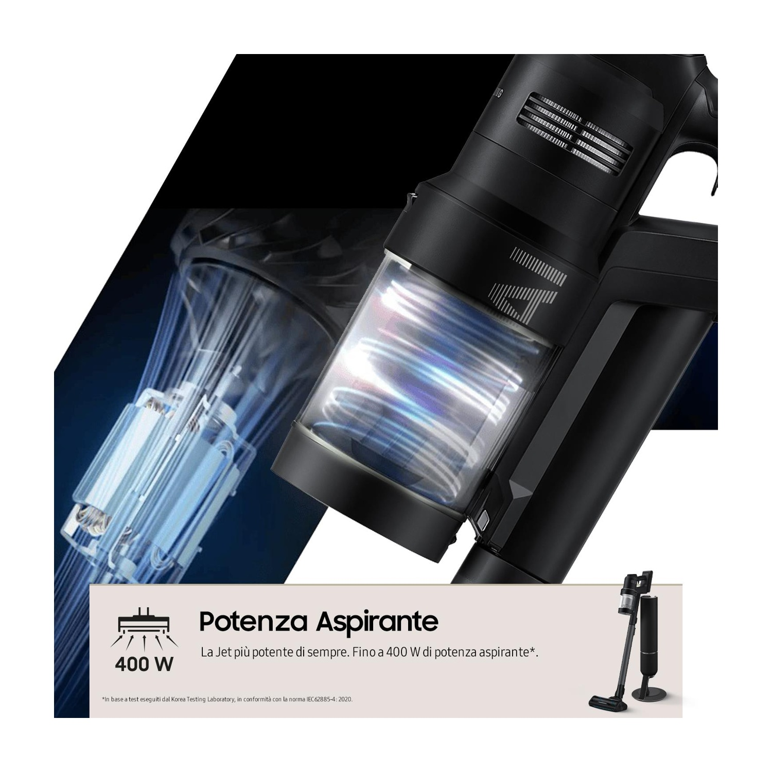 Primer plano de una aspiradora negra y transparente con texto que indica 'Potenza Aspirante' y '400 W'.