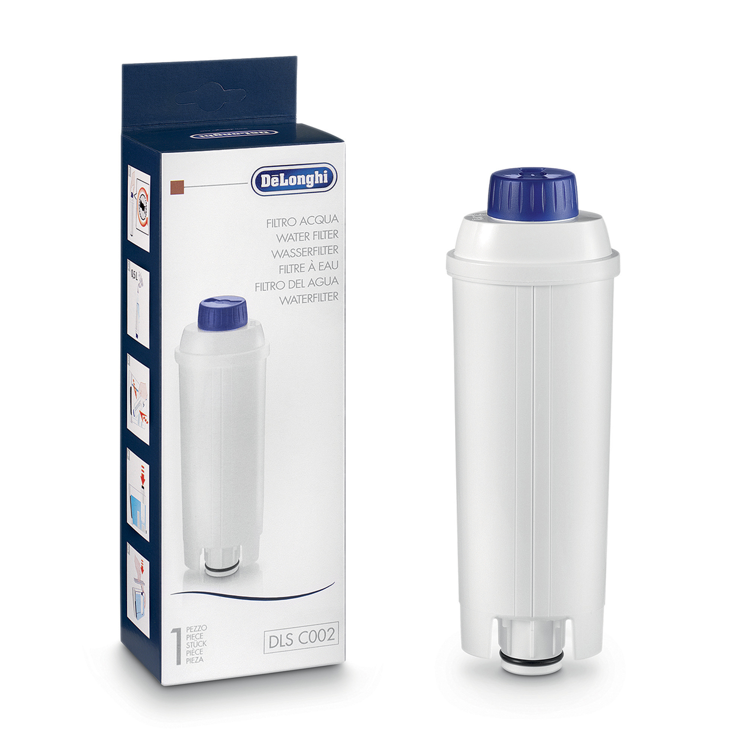Ein weißer Wasserfilter mit blauem Deckel rechts. Links eine Schachtel mit der Marke Delonghi.