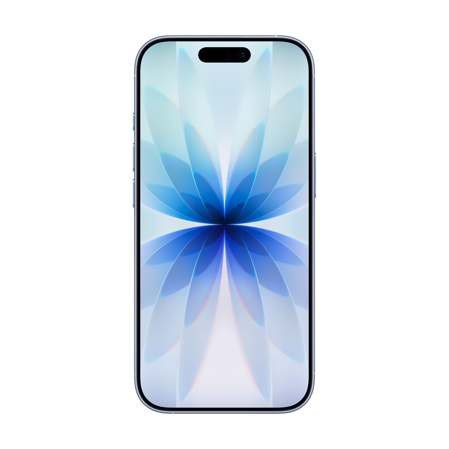 Smartfon z niebieską ramką jest wyświetlany na białym tle. Ekran pokazuje niebiesko-biały kwiatowy wzór.