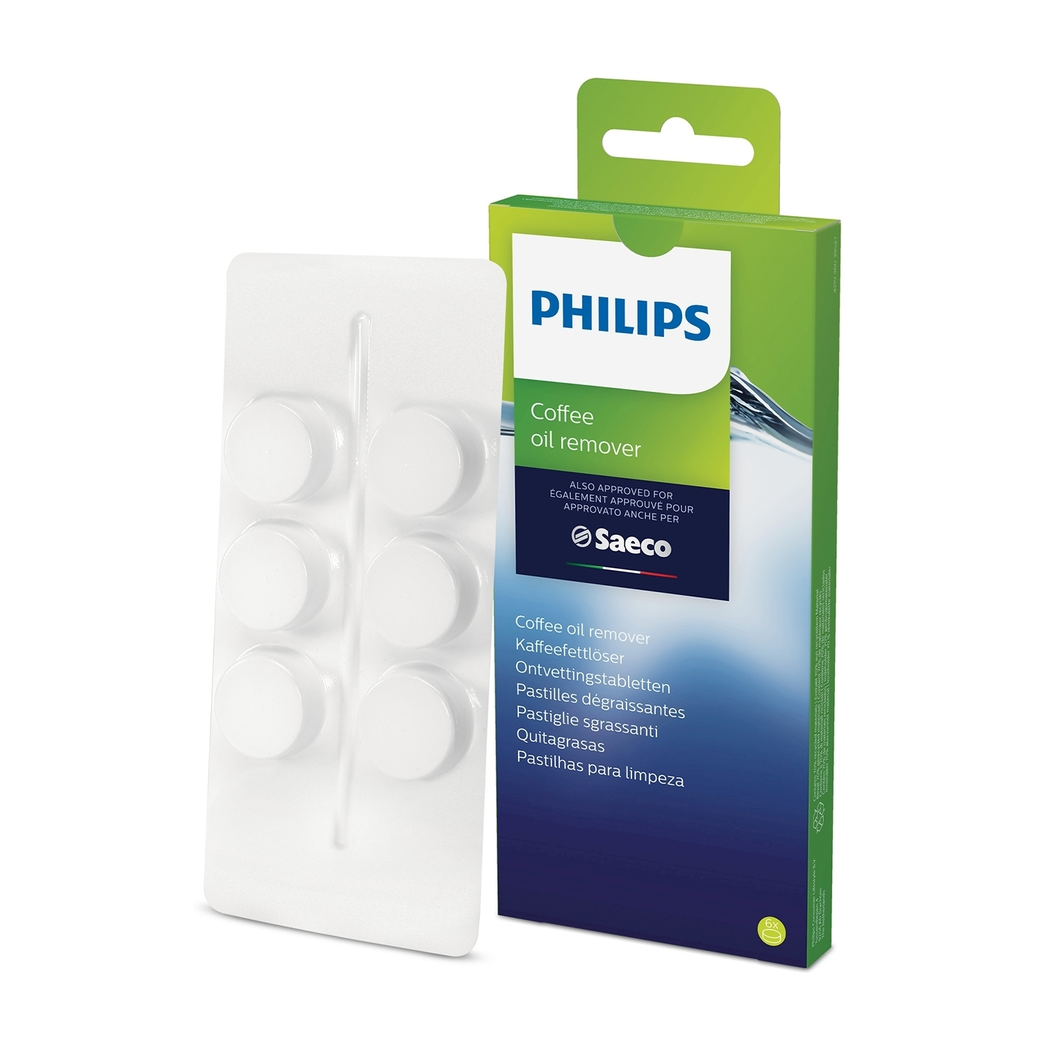 Una scatola di rimozione olio per caffè Philips e un blister di compresse bianche. La scatola è verde e bianca, con i loghi Philips e Saeco.