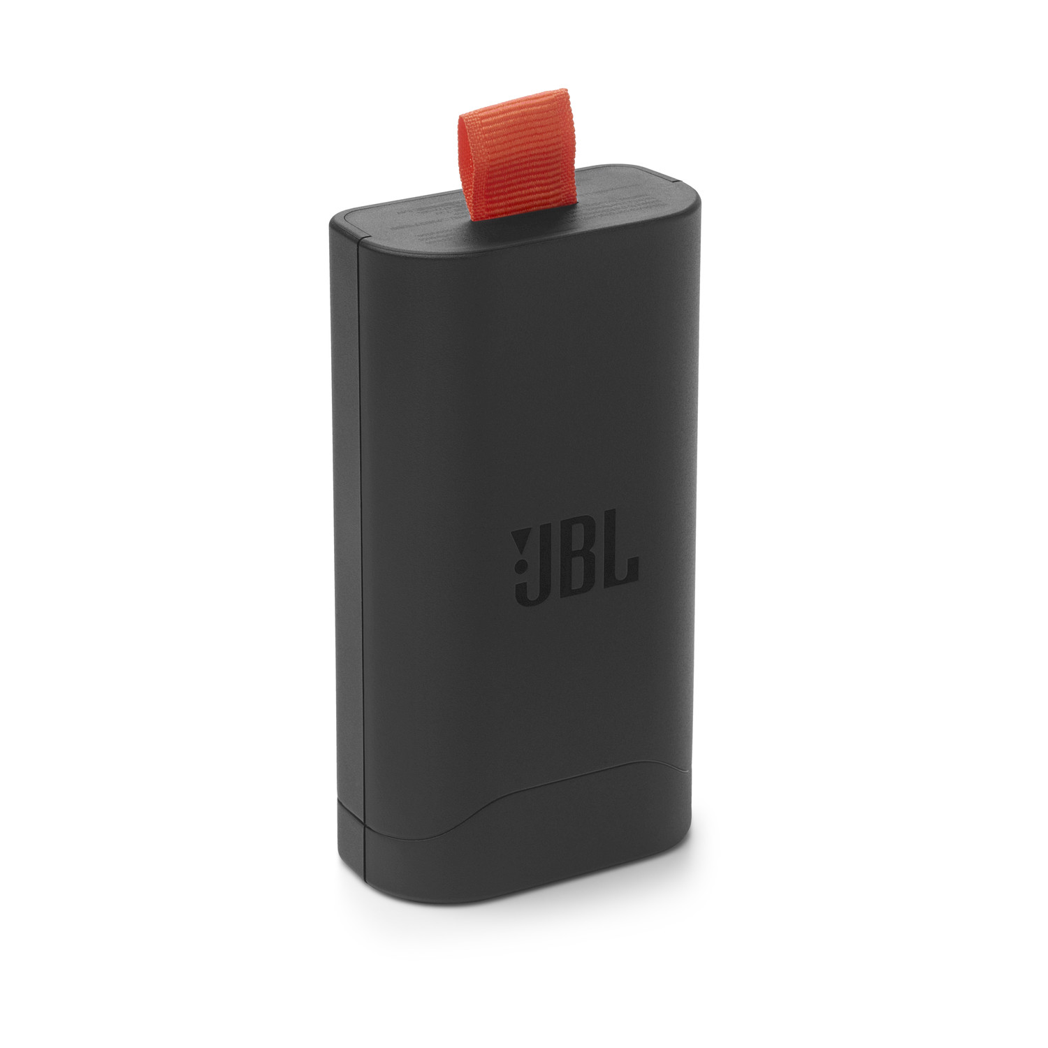 Un altoparlante JBL nero con una cinghia arancione. Il logo JBL è visibile. Lo sfondo è bianco.
