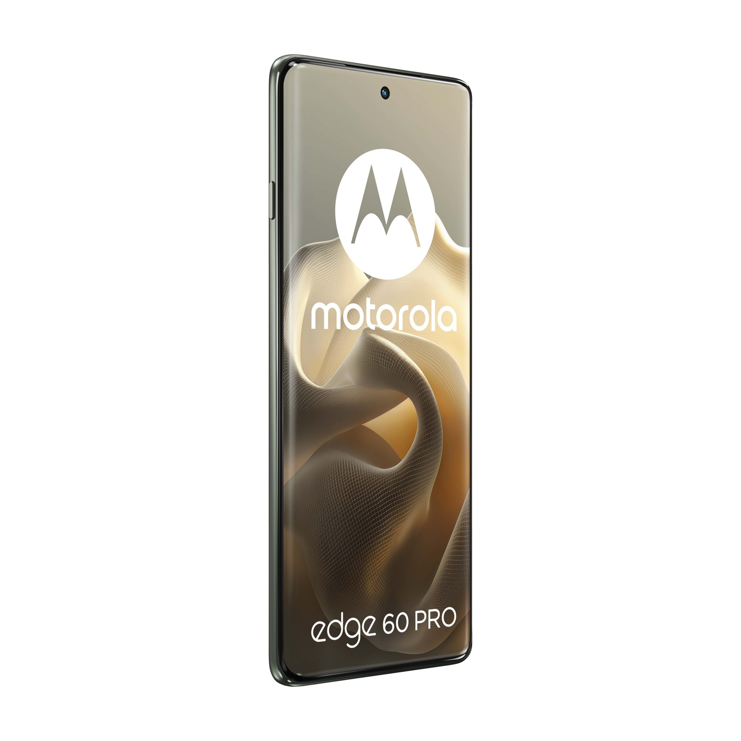 Wyświetlany jest smartfon Motorola Edge 60 Pro. Ekran pokazuje logo Motorola i falisty wzór. Telefon jest oliwkowozielony.