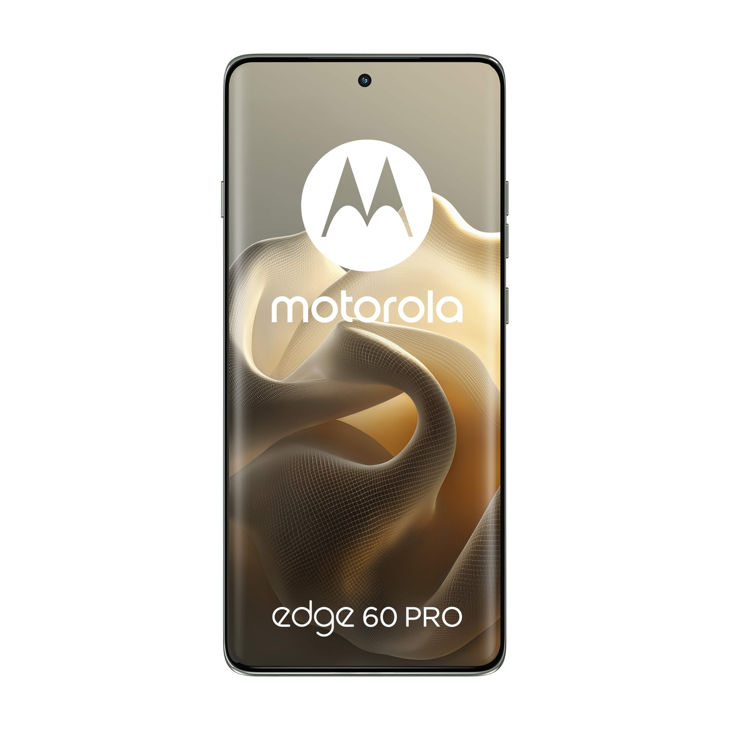 Smartfon Motorola Edge 60 PRO. Ekran pokazuje logo Motorola i falisty wzór. Telefon jest czarny ze srebrną obwódką.