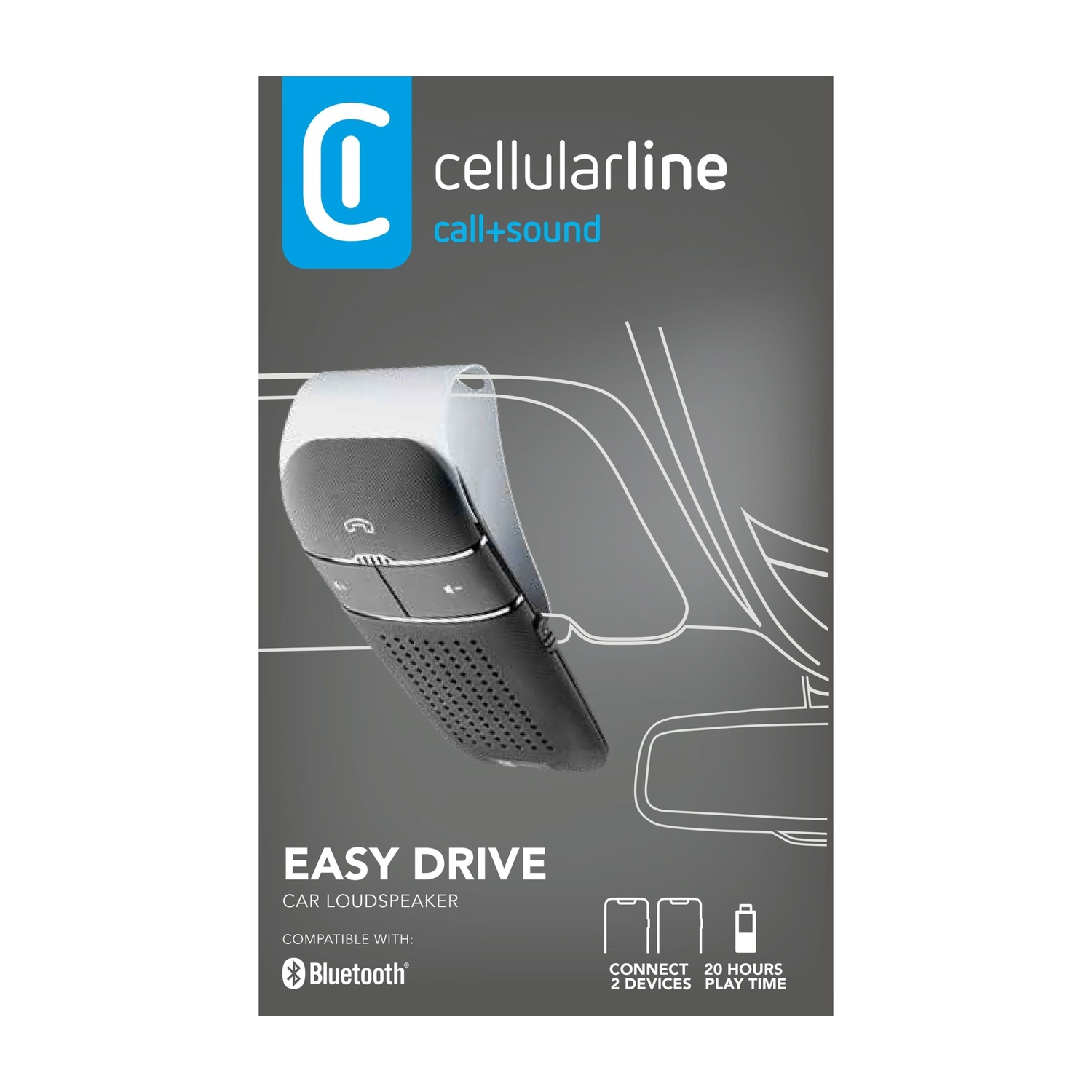Werbung für einen Auto-Lautsprecher. Das Gerät ist schwarz und weiß. Text enthält 'Easy Drive', 'Bluetooth' und 'Connect 2 Geräte'.