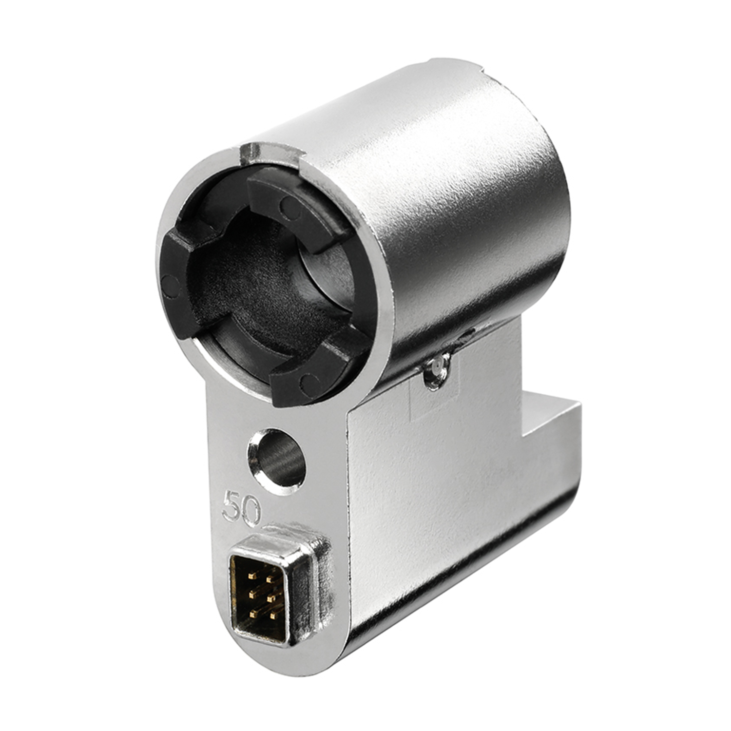 Een metalen, cilindrisch onderdeel met een zwart, cirkelvormig interieur. Het heeft een rechthoekige basis met een kleine, vierkante connector.