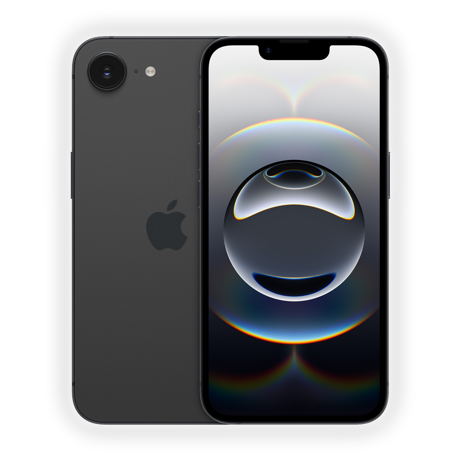 Dos iPhones grises oscuros. Uno muestra la parte trasera con cámara y logotipo de Apple. El otro muestra una pantalla con diseño reflectante y arcoíris.
