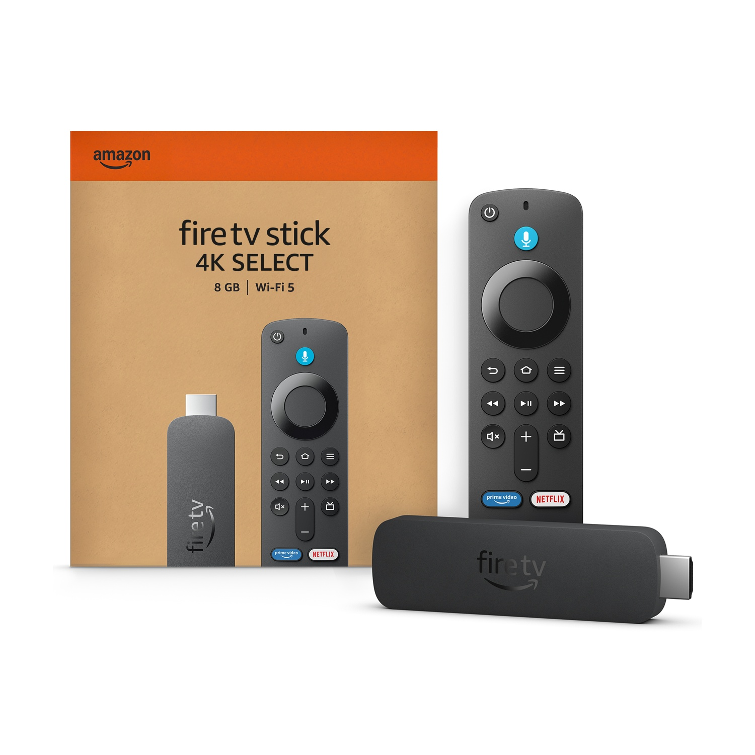Eine Fire TV Stick 4K Select Box, Fernbedienung und Gerät auf weißem Hintergrund. Fernbedienung und Gerät sind schwarz.