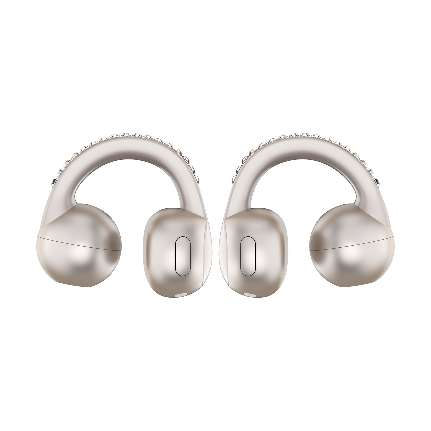 Dwa srebrne kształtowniki do nosa, każdy z zakrzywioną górą ozdobioną małymi klejnotami i zaokrąglonym dnem, na białym tle.