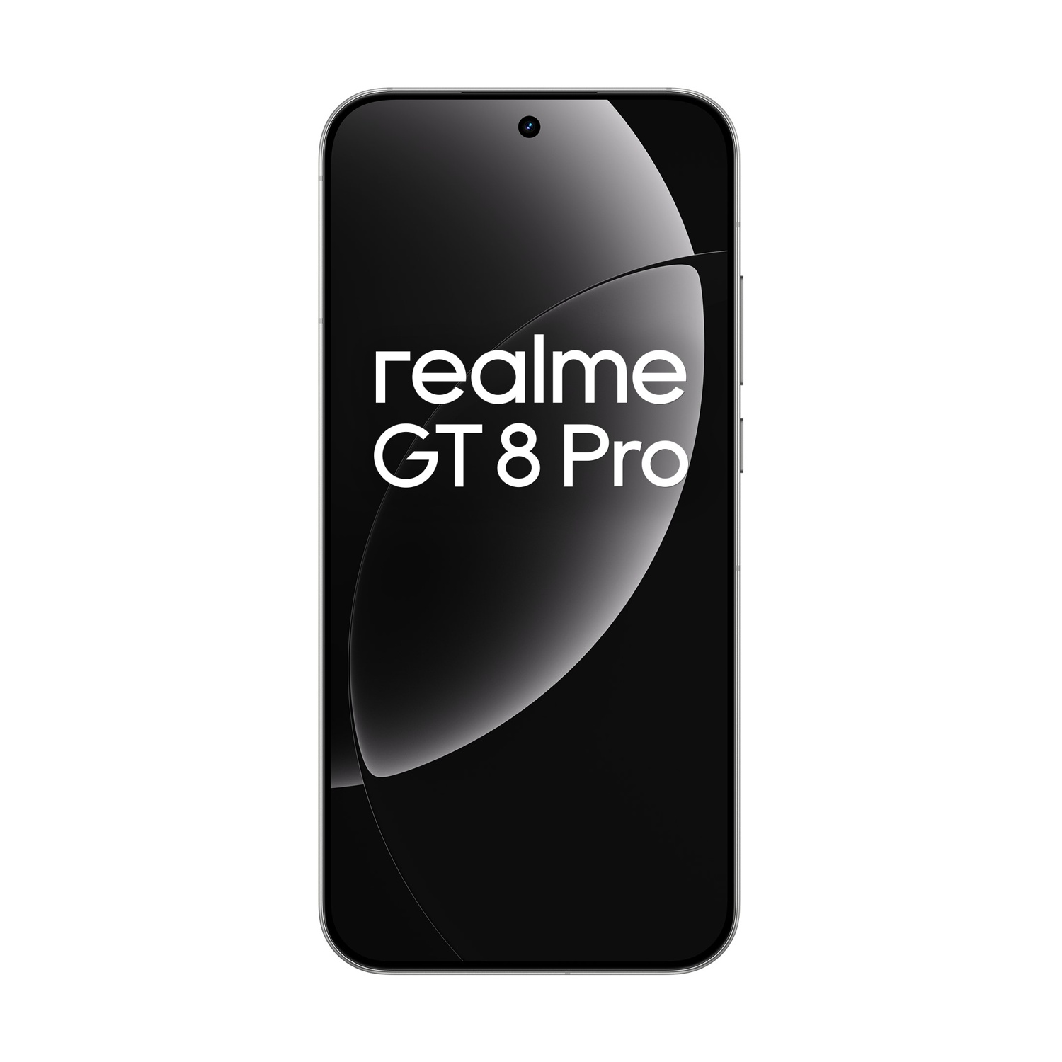 Smartfon z czarnym ekranem, wyświetlający białe słowa 'realme GT 8 Pro'. Telefon ma srebrną ramkę i aparat u góry.