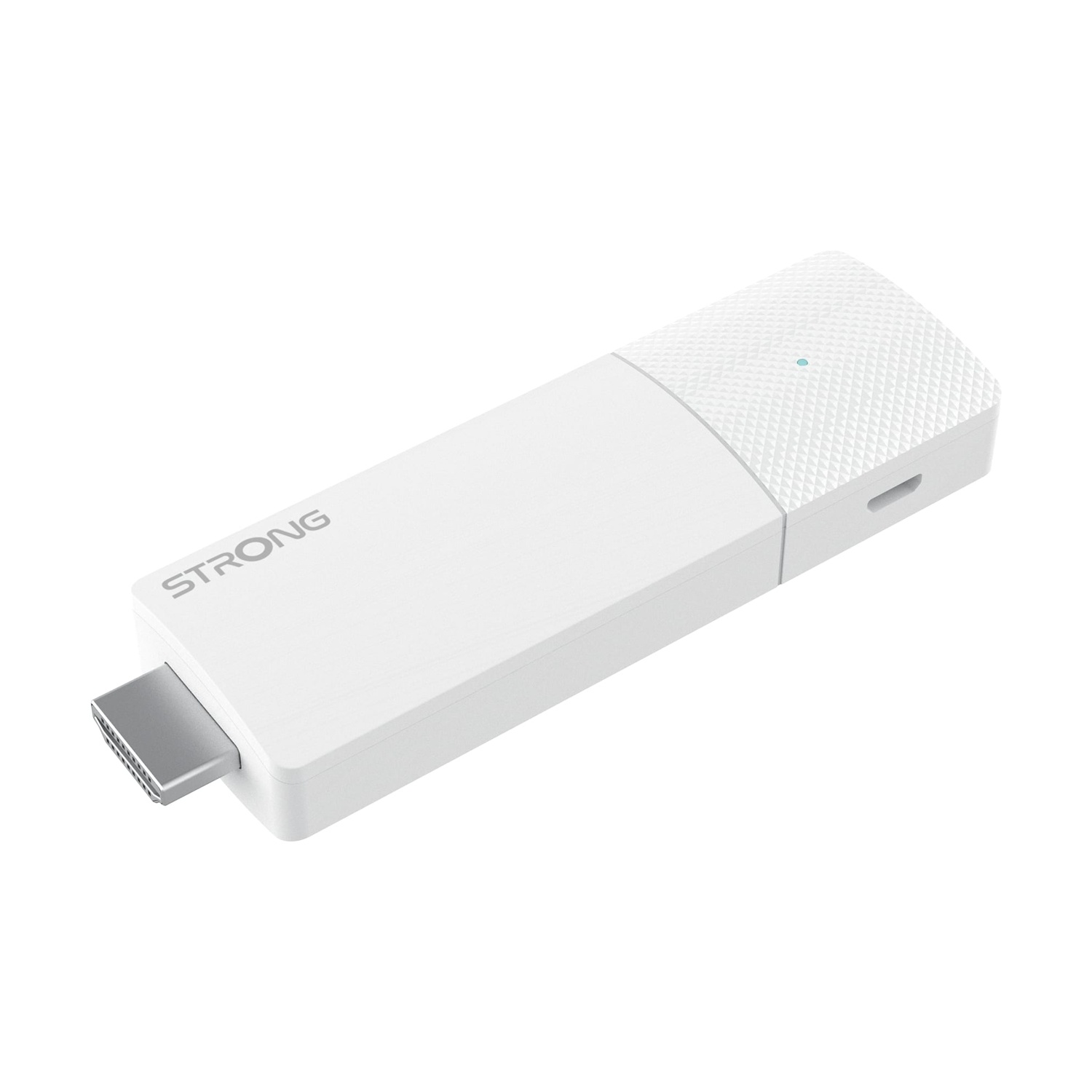 Ein weißer HDMI-Dongle der Marke STRONG. Er hat eine strukturierte Oberseite und einen silbernen HDMI-Anschluss.
