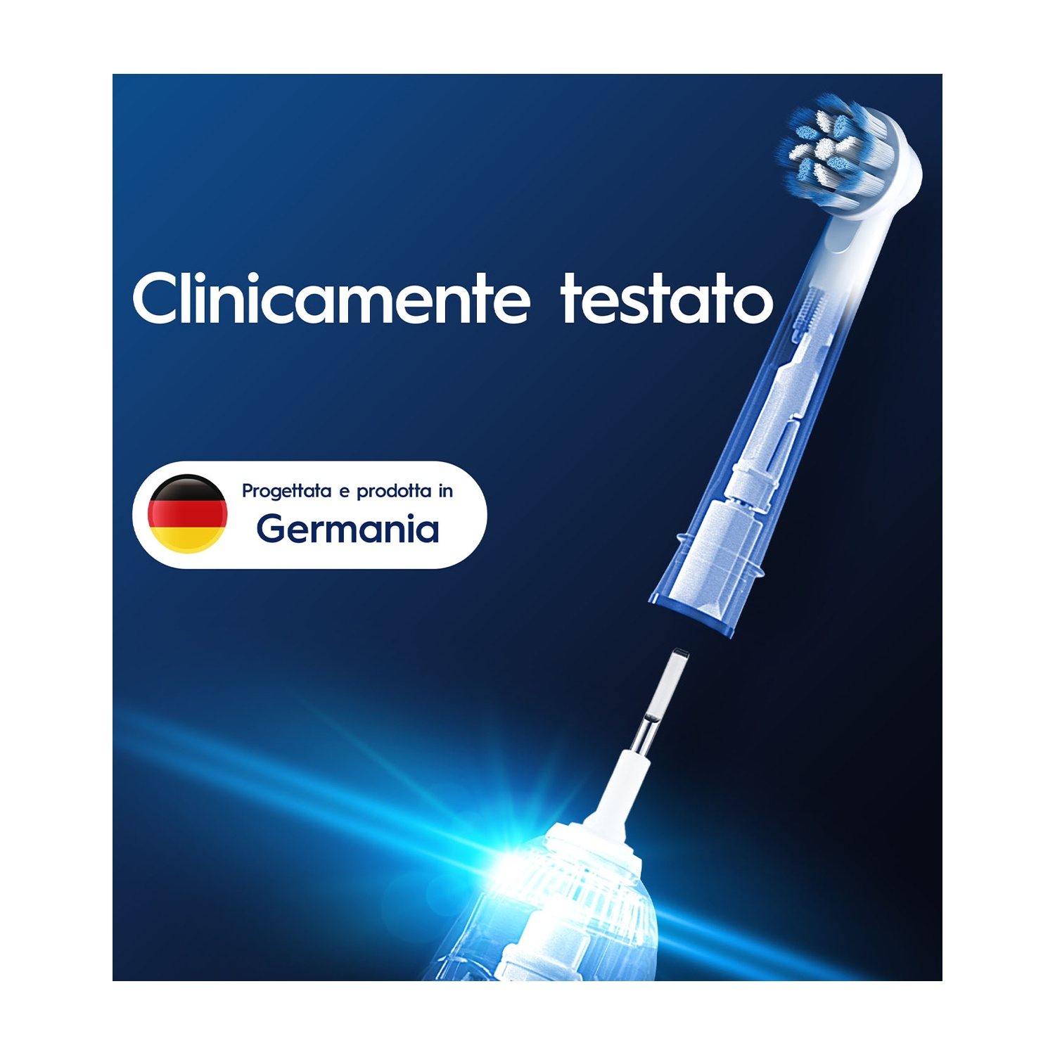 Eine elektrische Zahnbürste mit abnehmbarem Kopf wird vor blauem Hintergrund gezeigt. Text sagt 'Klinisch getestet' und 'Hergestellt in Deutschland'.