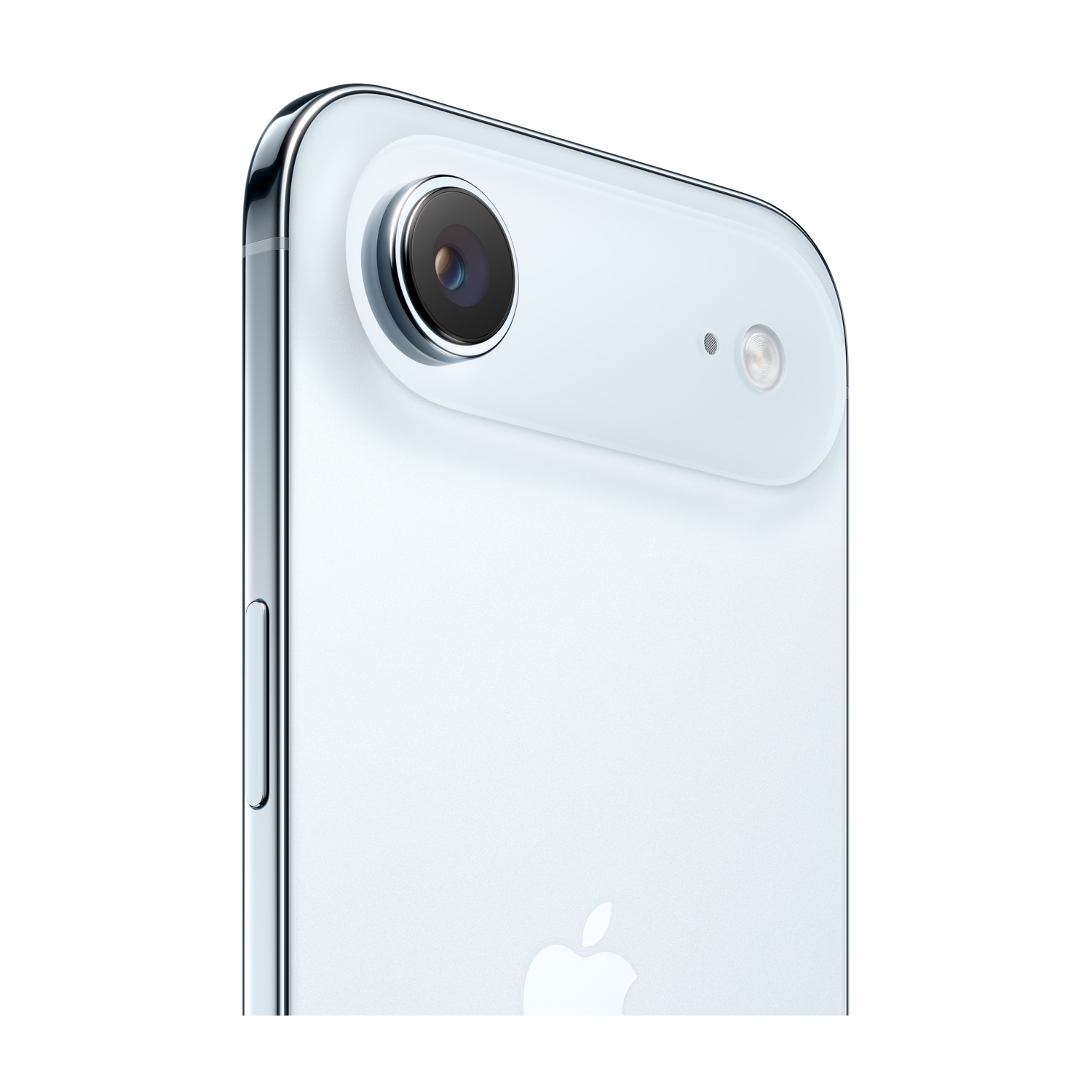 Zbliżenie na tył jasnoniebieskiego smartfona. Ma aparat, lampę błyskową i logo Apple. Rama jest srebrna.