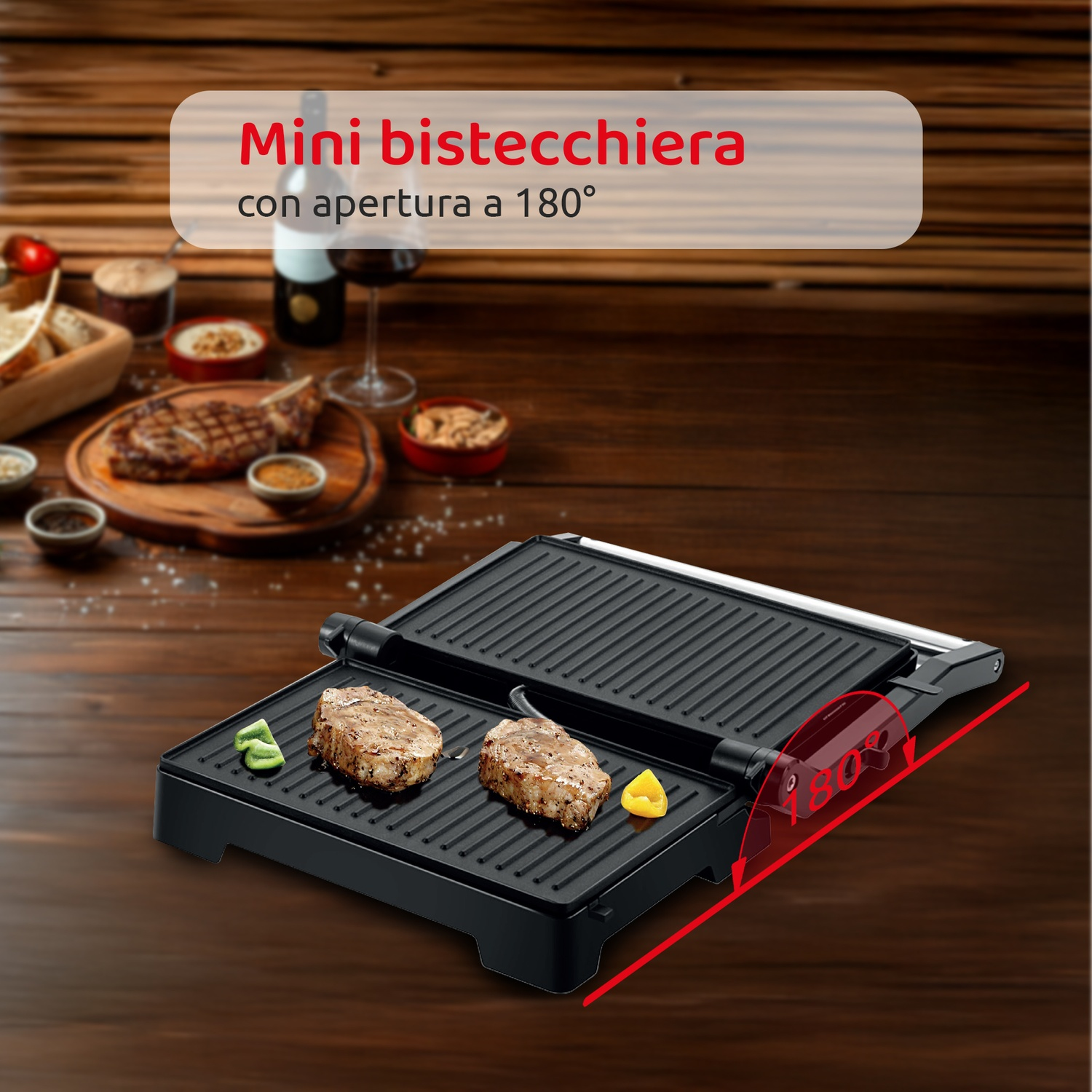 Una parrilla con dos filetes, verduras y una apertura de 180 grados. Hay otros alimentos y vino en una mesa de madera.