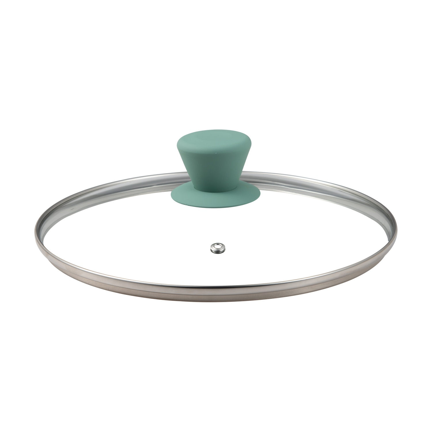 Una tapa de vidrio transparente con un asa verde azulado y un borde de acero inoxidable. La tapa está centrada sobre un fondo blanco.