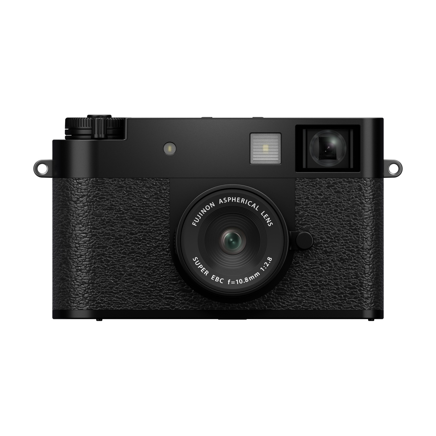 Een zwarte Fujifilm camera staat in het midden. Het heeft een lens, flitser en diverse knoppen. De achtergrond is wit.