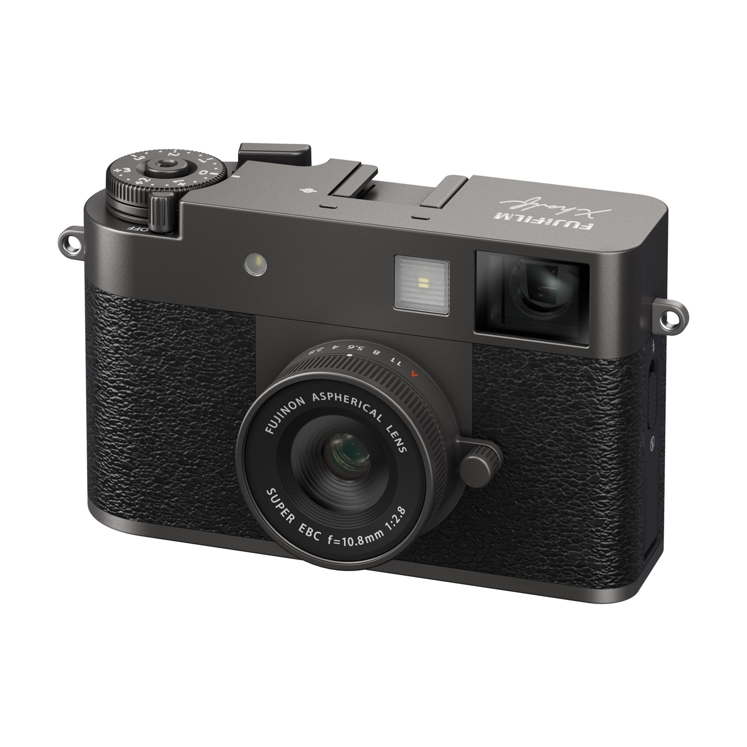 Een donkergrijze Fujifilm X-serie camera. Het heeft een lens, een flitser en diverse knoppen. De camera staat op een witte achtergrond.