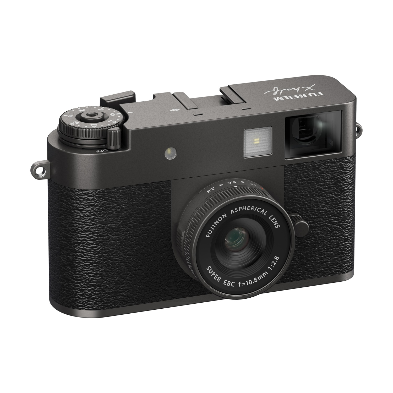 Een zwarte Fujifilm X half camera met lens, draaiknoppen en tekst. De camera staat op een witte achtergrond.