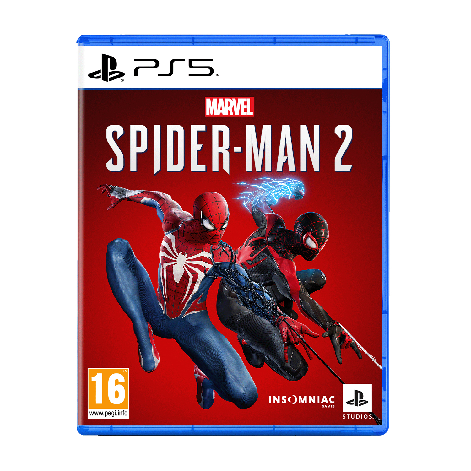 Copertina del gioco PS5 di Marvel's Spider-Man 2. Spider-Man e Miles Morales su sfondo rosso con il titolo del gioco.