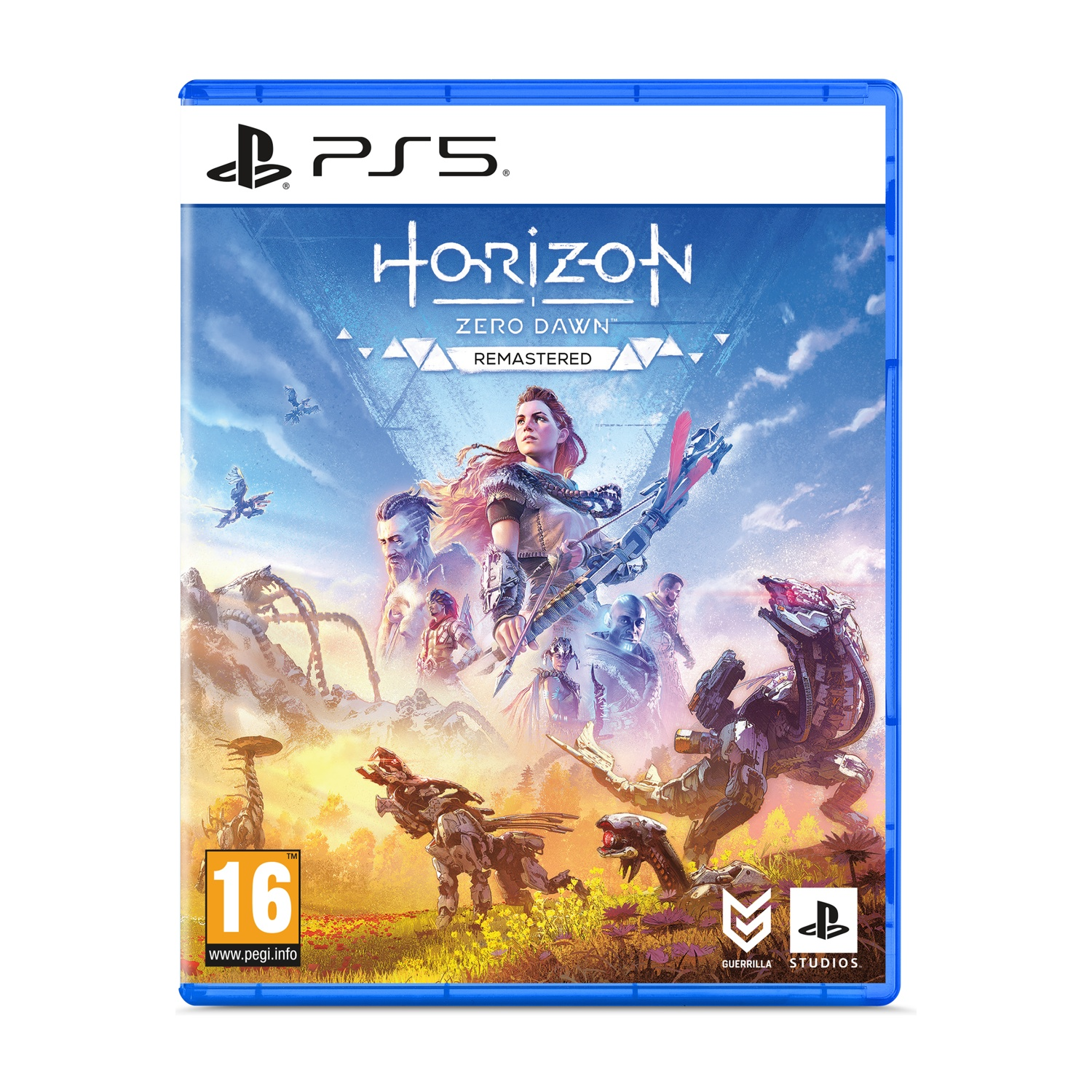 Pudełko gry PS5 Horizon Zero Dawn Remastered. Przedstawia kobietę z łukiem, roboty i postacie. Ocena 16.