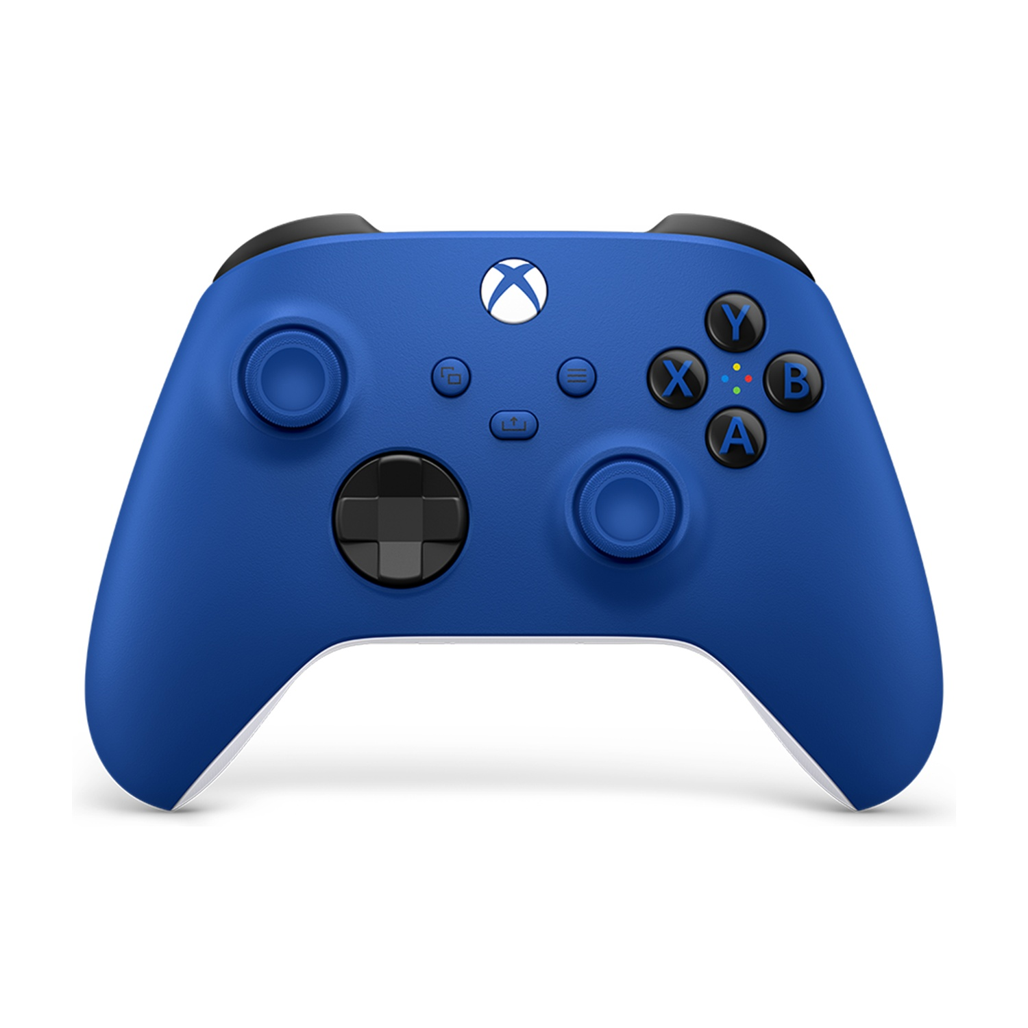 Een blauwe Xbox-controller. Het heeft knoppen: A, B, X, Y en een D-pad. Het Xbox-logo staat in het midden.