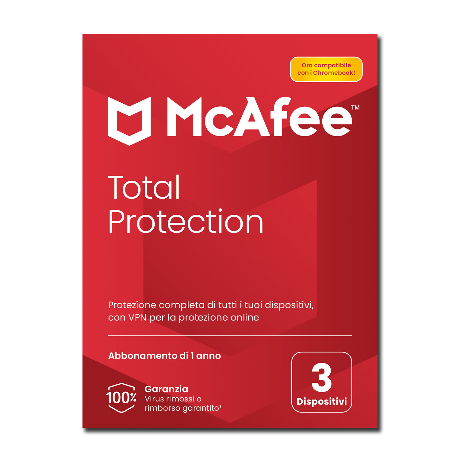Czerwone pudełko McAfee z białym tekstem. Reklamuje Total Protection, VPN, 3 urządzenia i roczną subskrypcję.