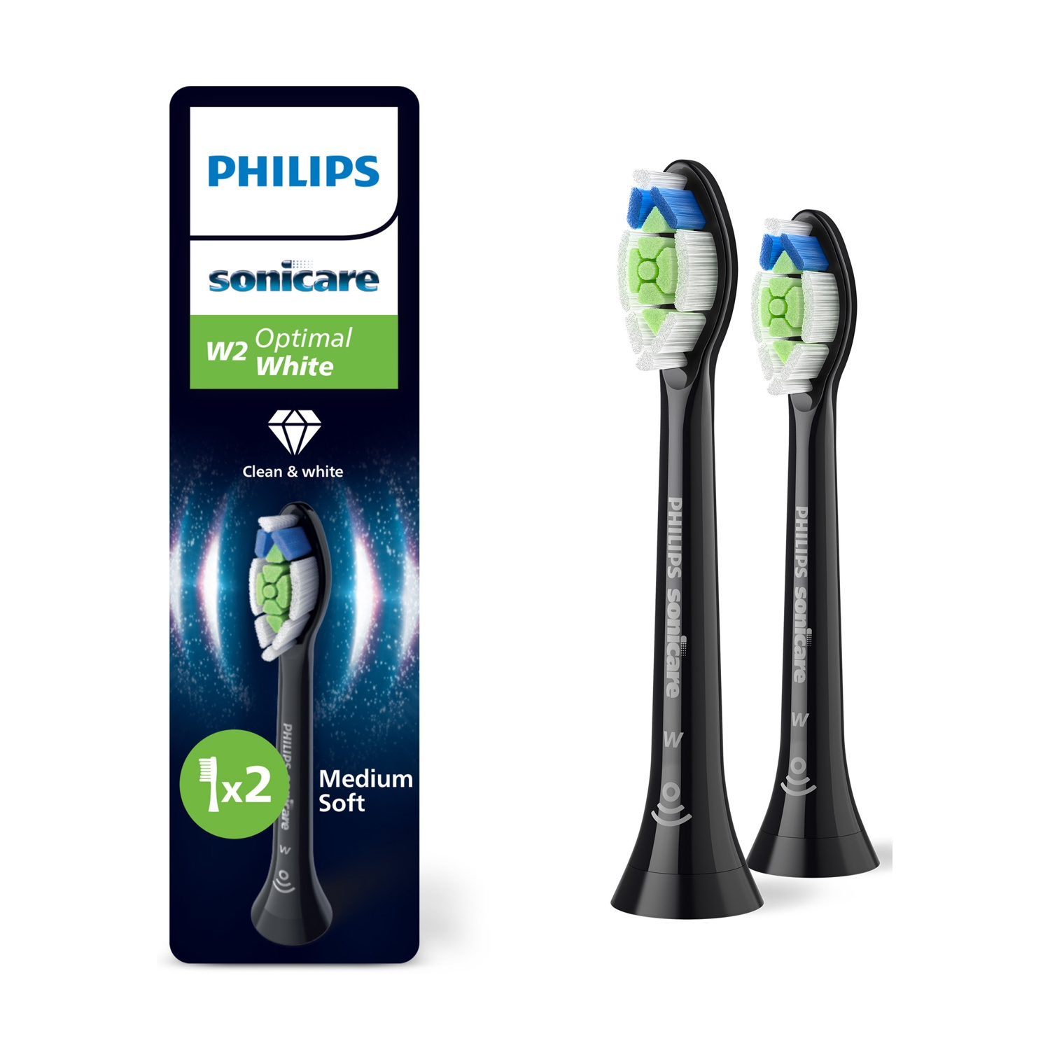 Zwei schwarze Philips Sonicare Zahnbürstenköpfe und Verpackung, mit weißen, grünen und blauen Borsten, vor weißem Hintergrund.