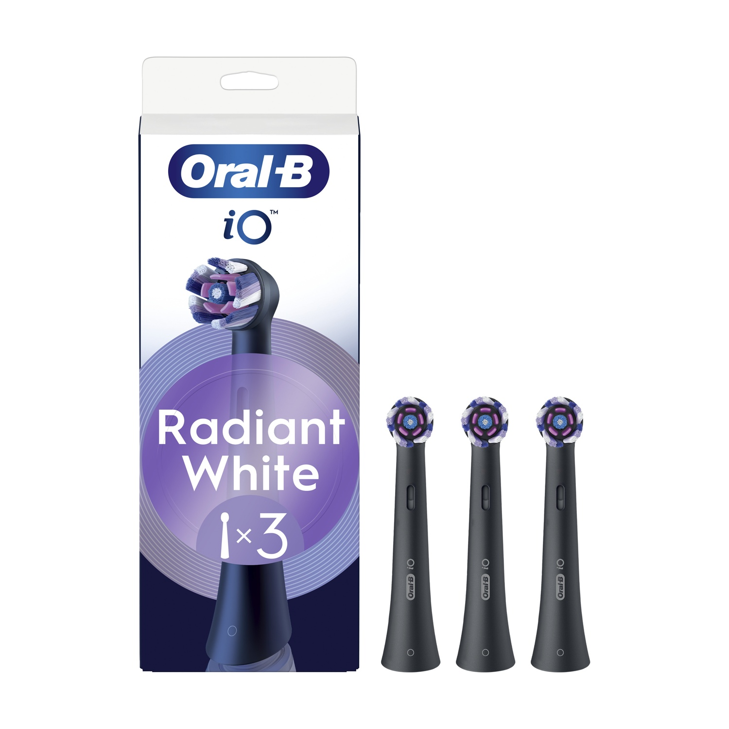 Eine Oral-B iO-Zahnbürstenkopfbox und drei zusätzliche Köpfe. Auf der Box steht 'Radiant White'. Die Köpfe sind schwarz mit farbigen Borsten.