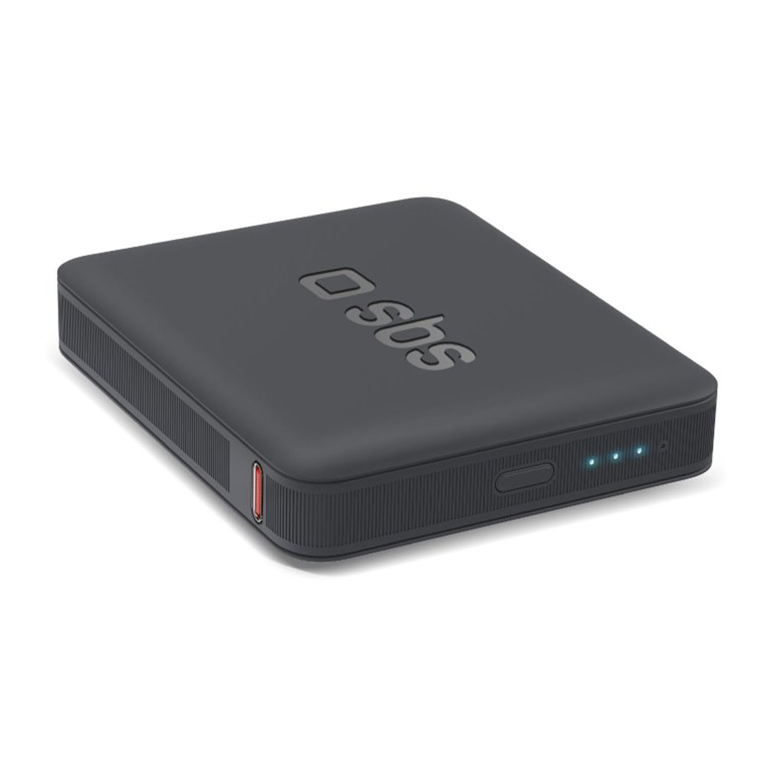 Dunkelgraue SBS Powerbank. Das Gerät hat einen roten Anschluss, drei blaue Lichter und das SBS-Logo.