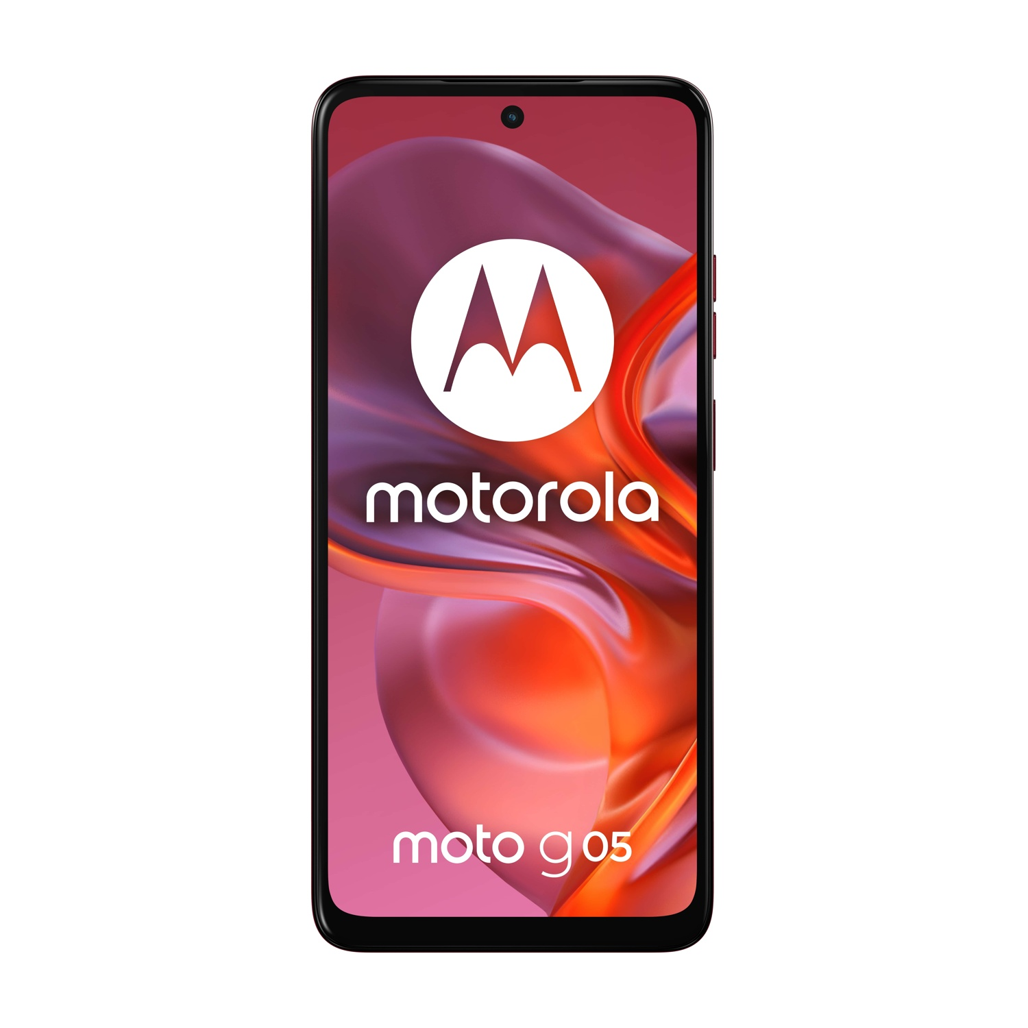 Smartfon Motorola Moto G05. Ekran wyświetla logo Motorola i model telefonu, z czerwono-różowym gradientem w tle.