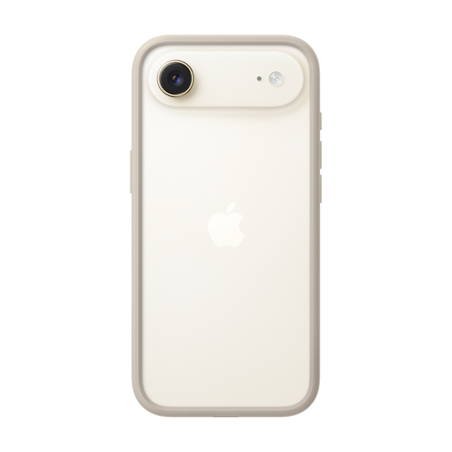 La parte trasera de un iPhone color crema, con cámara y flash. Tiene una funda protectora color crema. El logotipo de Apple es visible.