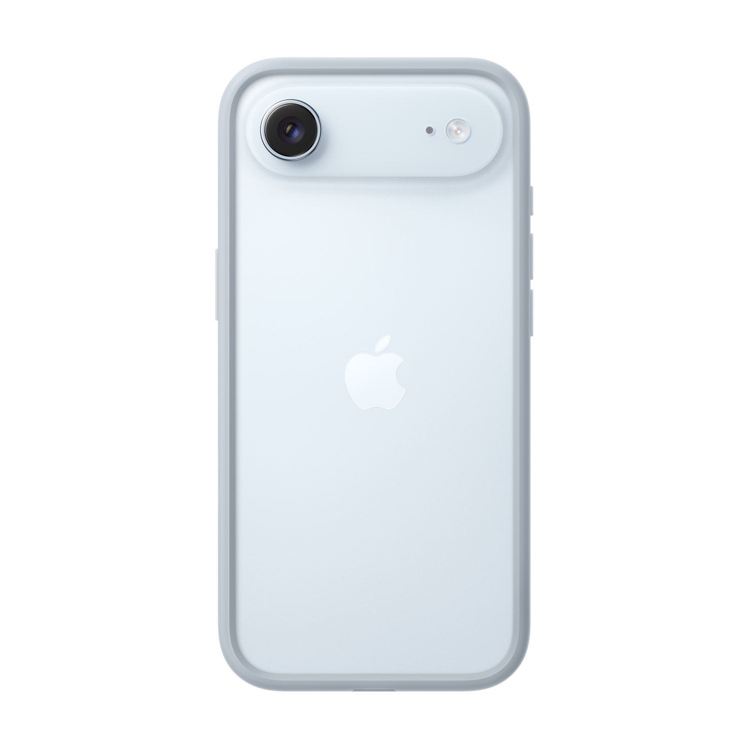 Parte trasera de iPhone azul claro con cámara, flash y logotipo de Apple. El teléfono está en una funda gris sobre fondo blanco.