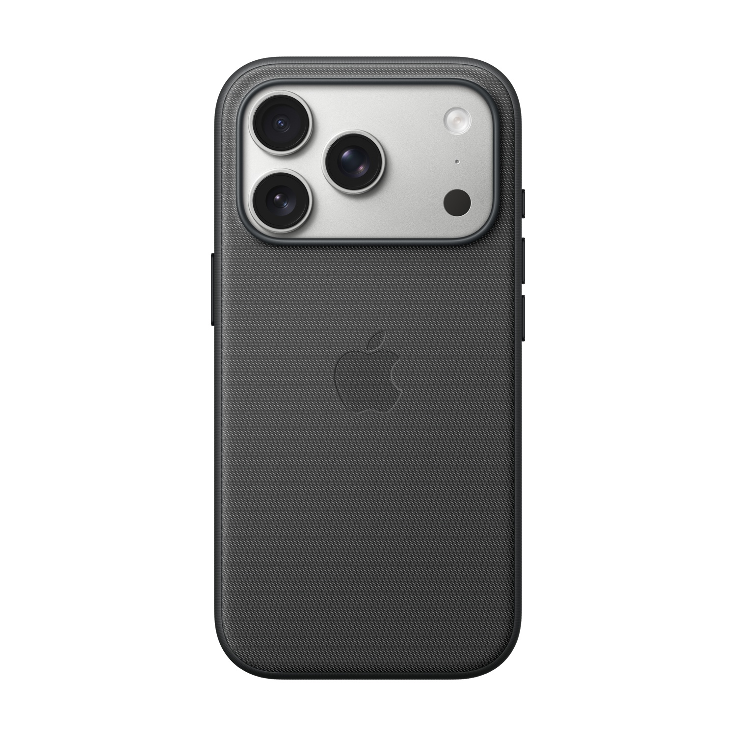 Ein dunkelgraues iPhone mit strukturierter Rückseite und drei Kameralinsen oben. Das Apple-Logo befindet sich in der Mitte.