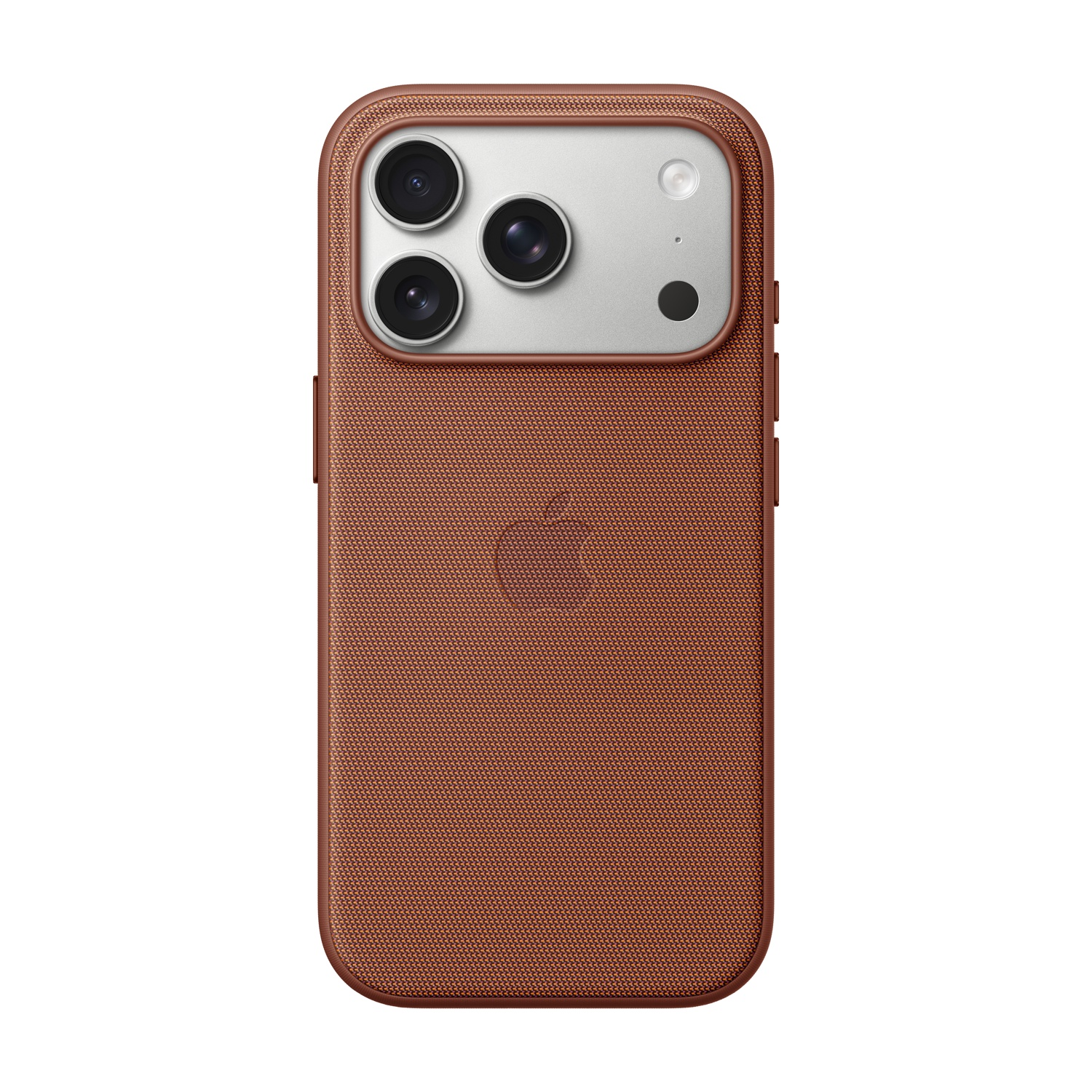 Una funda marrón para iPhone con múltiples lentes de cámara y un logotipo de Apple en la parte posterior, aislada sobre fondo blanco.