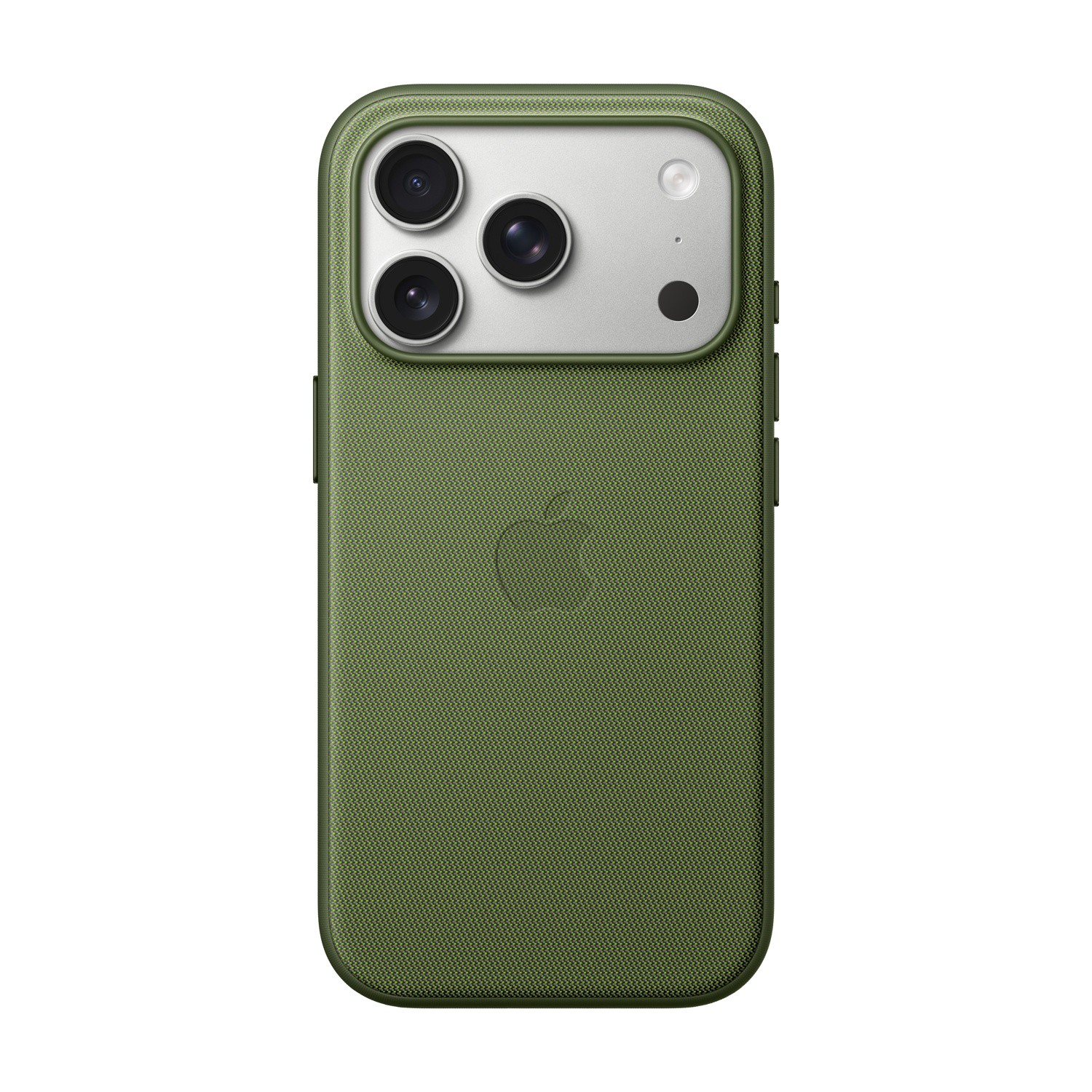 Funda verde para teléfono con tres lentes de cámara, un flash y un logotipo de Apple. La funda tiene una superficie texturizada.