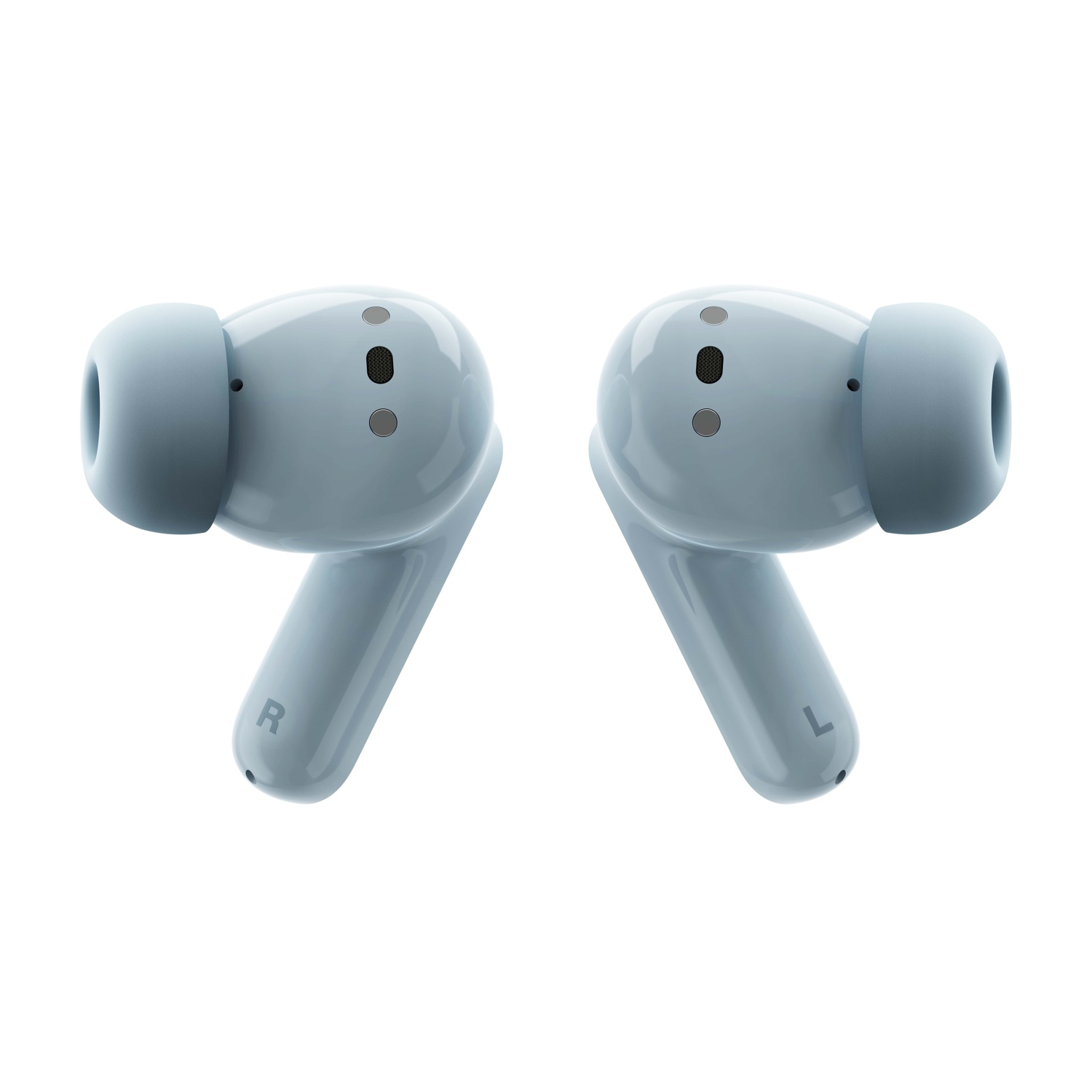 Dwa jasnoniebieskie bezprzewodowe słuchawki. Prawa słuchawka ma literę 'R', a lewa 'L'. Obie mają małe otwory.