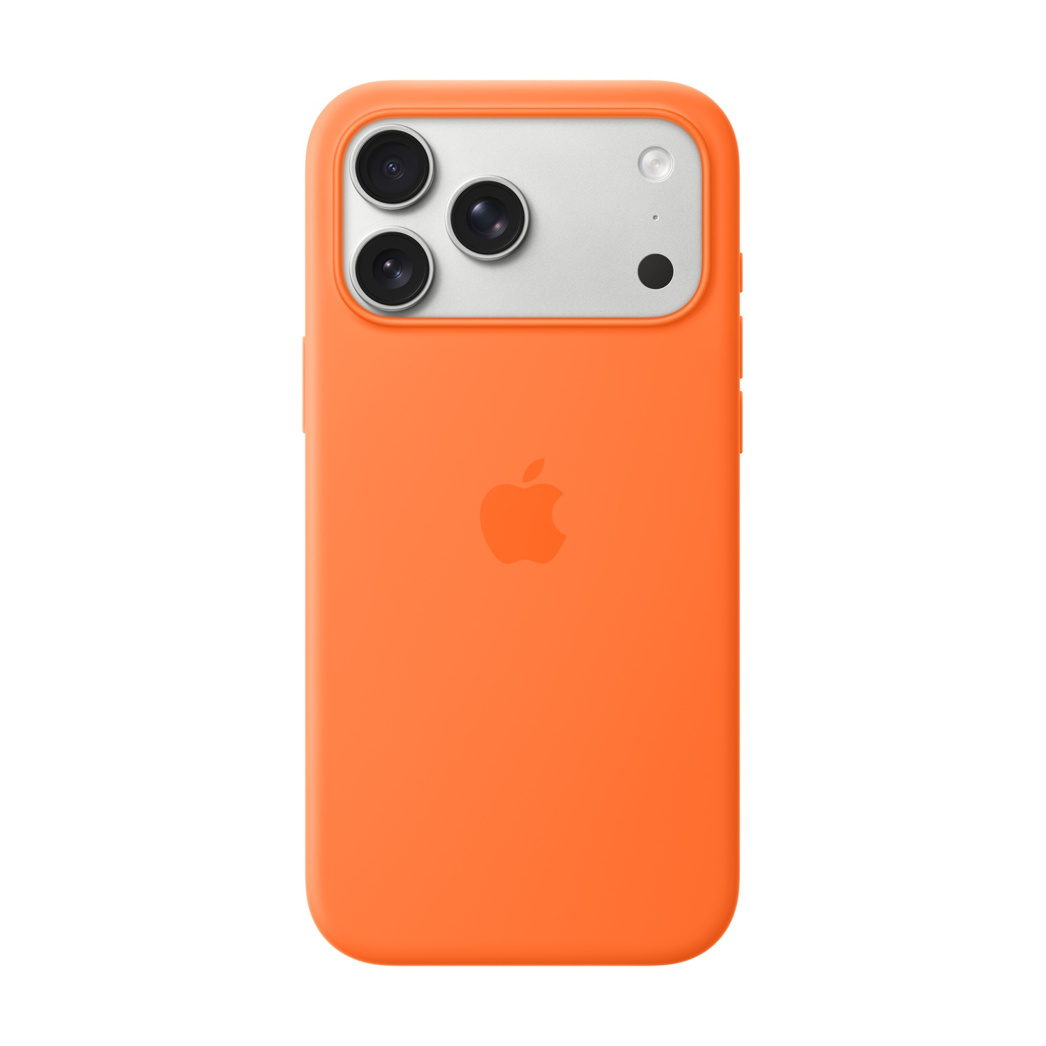Pomarańczowe etui na iPhone'a ze srebrnym modułem aparatu, trzema obiektywami i logo Apple. Białe tło.