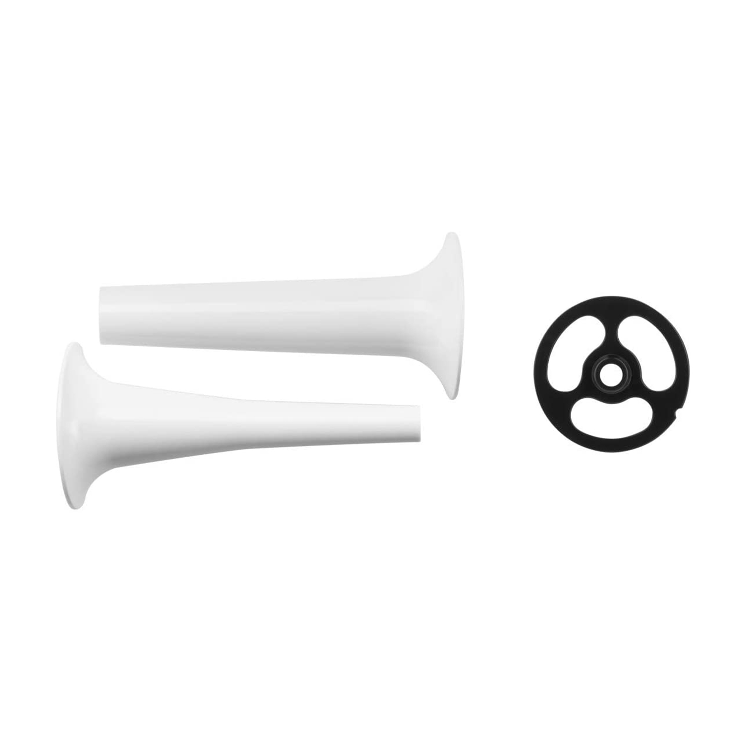 Zwei weiße Trichter und ein schwarzes zahnradähnliches Teil auf weißem Hintergrund. Die Trichter sind links, das Zahnrad rechts.