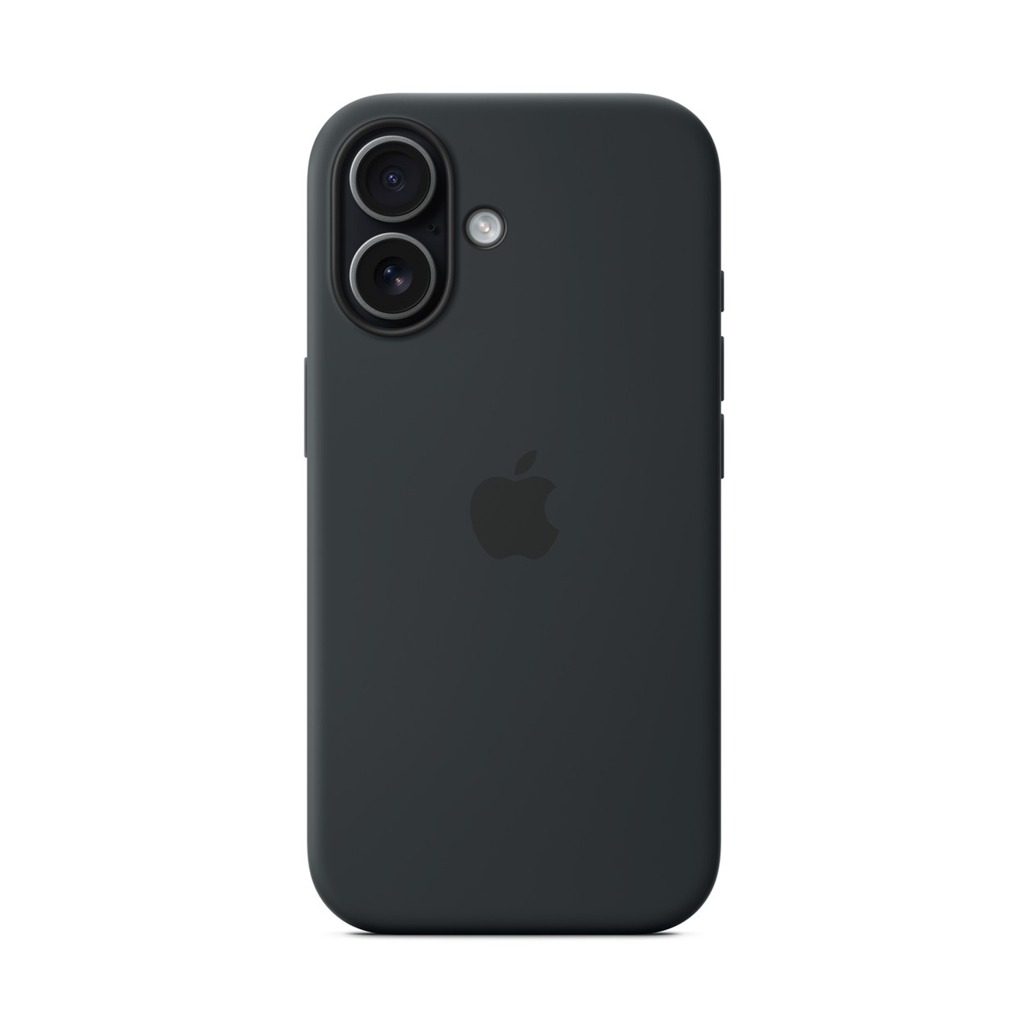 Eine dunkelgraue iPhone-Hülle mit Dual-Objektiv-Kamera, Blitz und Apple-Logo auf weißem Hintergrund.
