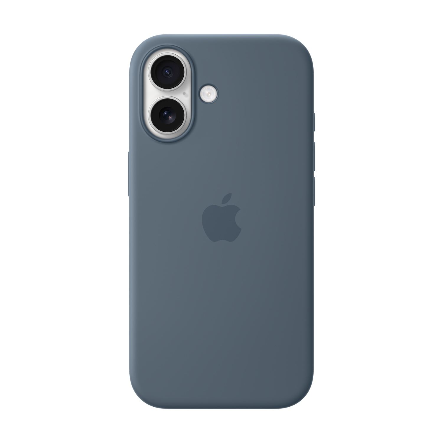 Eine dunkelblaue Handyhülle. Sie hat eine Dual-Kamera, einen Blitz und ein Apple-Logo. Der Hintergrund ist weiß.