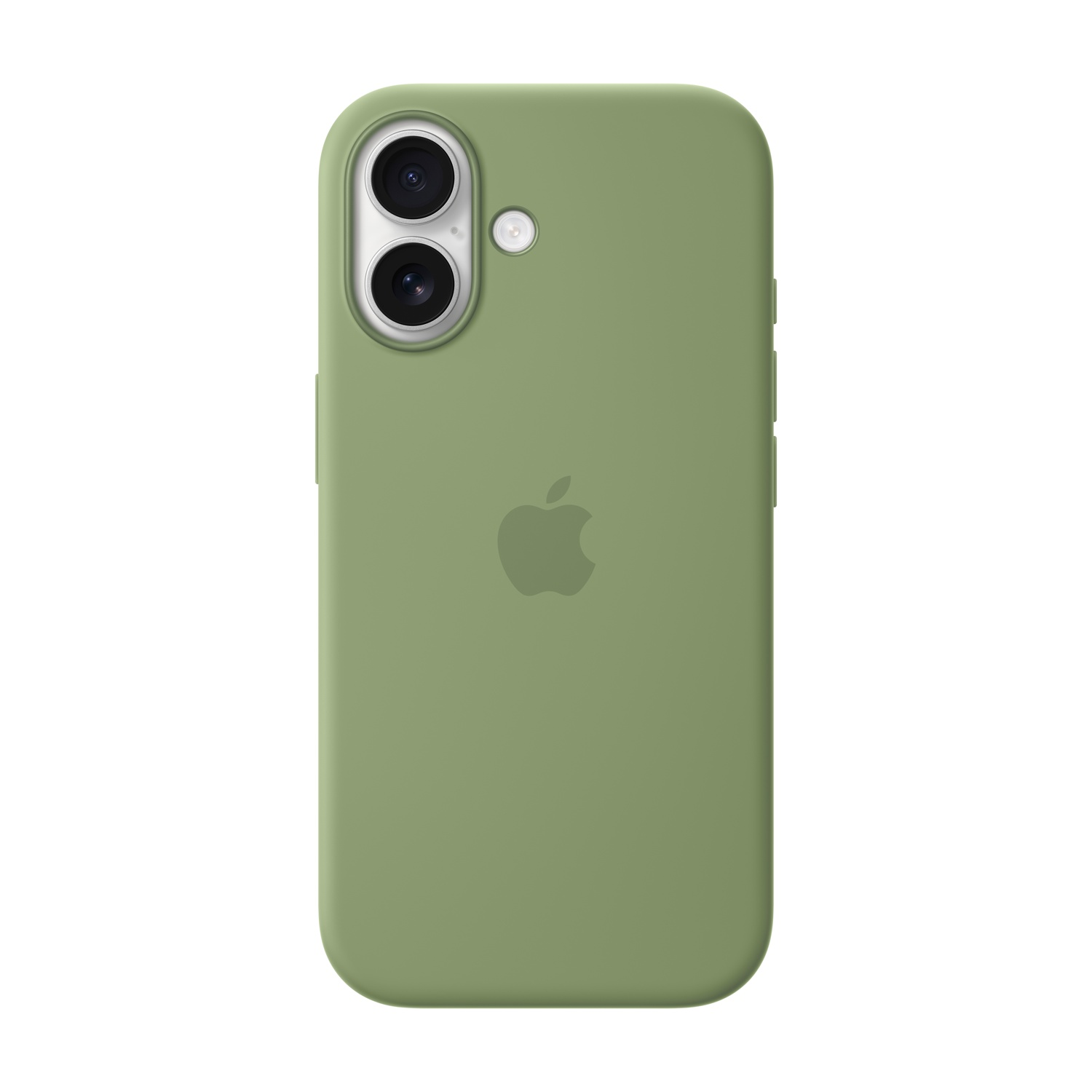Funda de teléfono verde oliva con lentes de cámara y logotipo de Apple sobre fondo blanco.