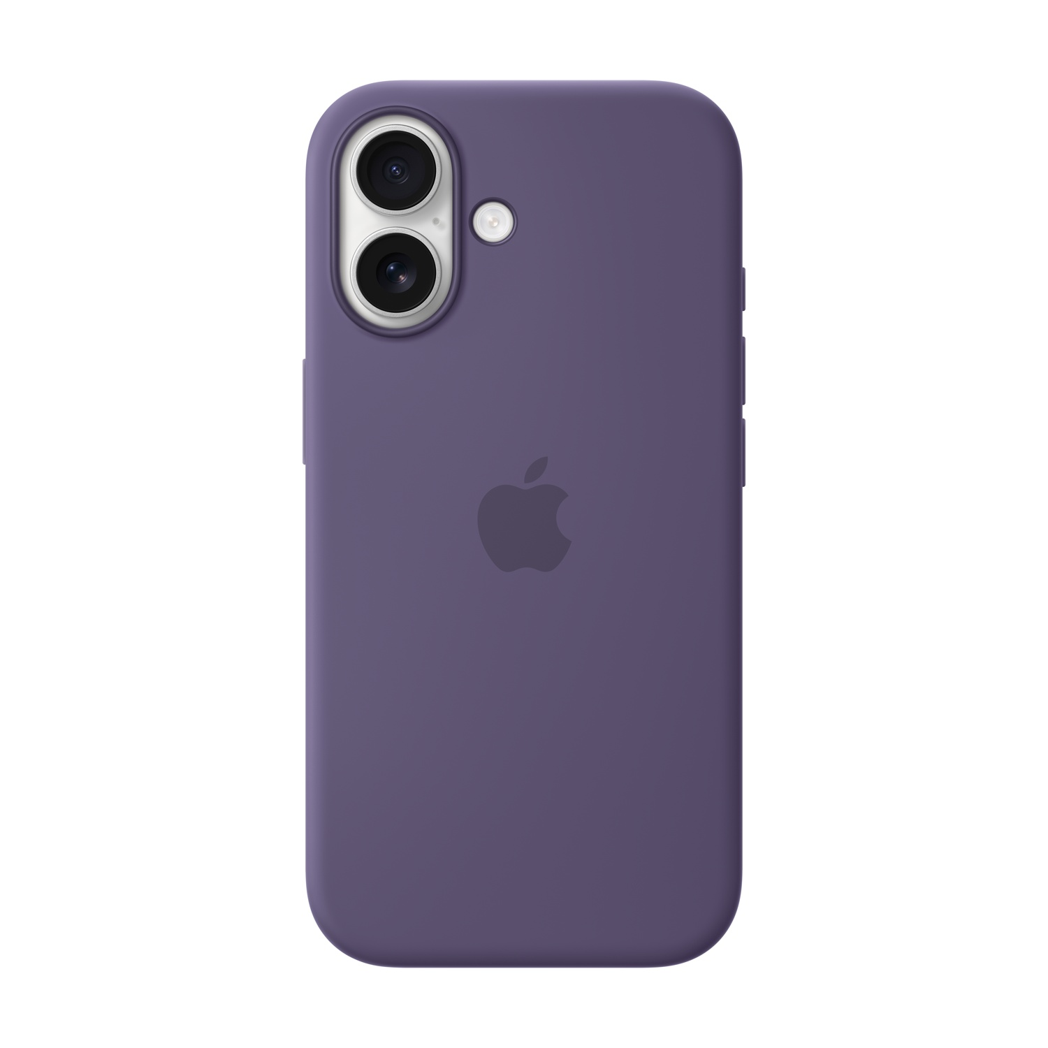 Una custodia per telefono viola con un modulo fotocamera in alto. Un logo Apple è centrato. Lo sfondo è bianco.