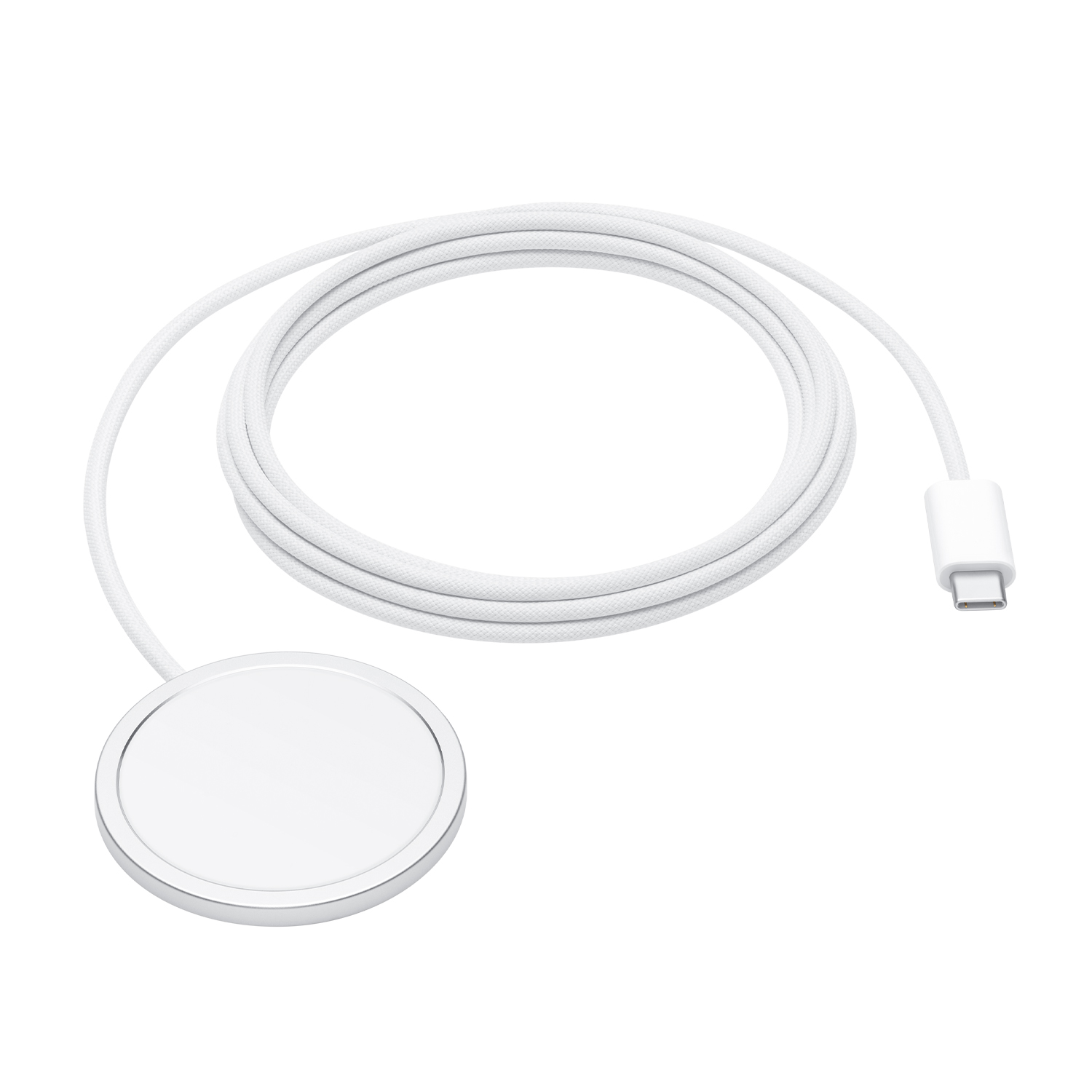 Ein weißes MagSafe-Ladegerät mit aufgerolltem Kabel. Am Kabelende befindet sich ein USB-C-Anschluss.