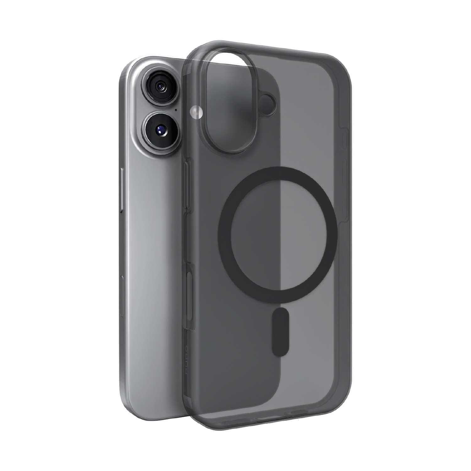 Szary smartfon z dwoma aparatami obok przezroczystego, ciemnoszarego etui. Etui ma okrągły wzór z tyłu.