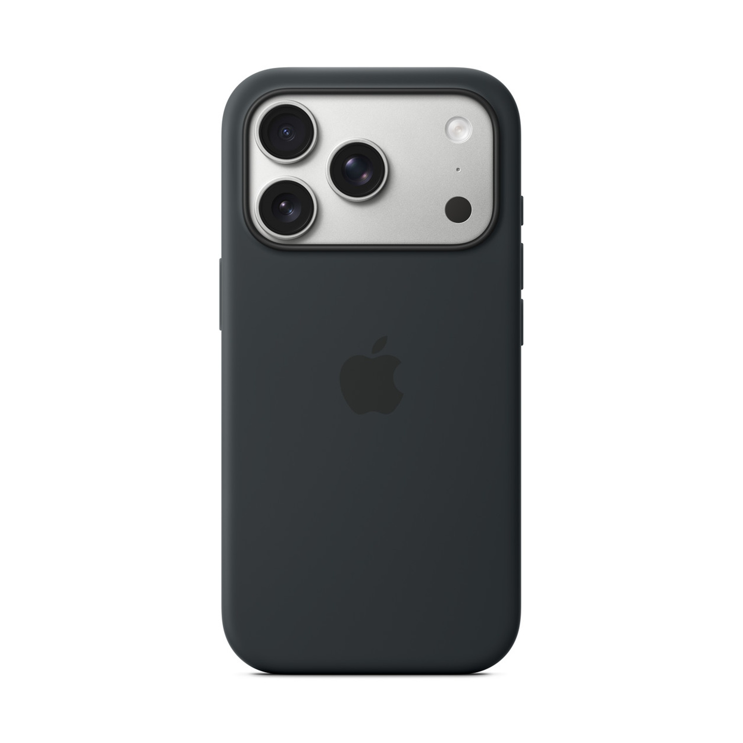A dark gray iPhone with a black case. It features four camera lenses and an Apple logo on a white background.