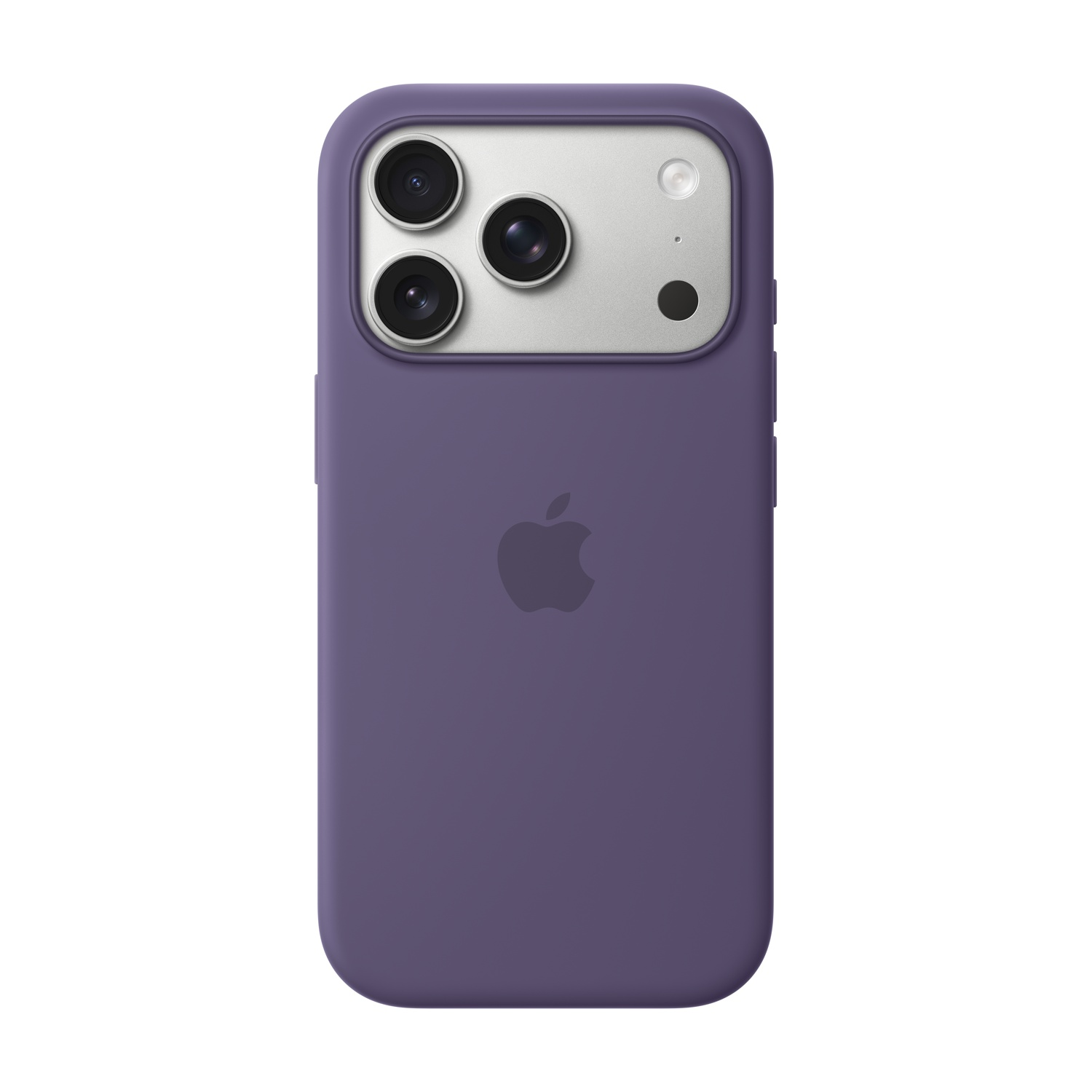 Eine lila iPhone-Hülle mit dem Apple-Logo. Die Rückseite hat Kameralinsen und einen Blitz. Der Hintergrund ist weiß.