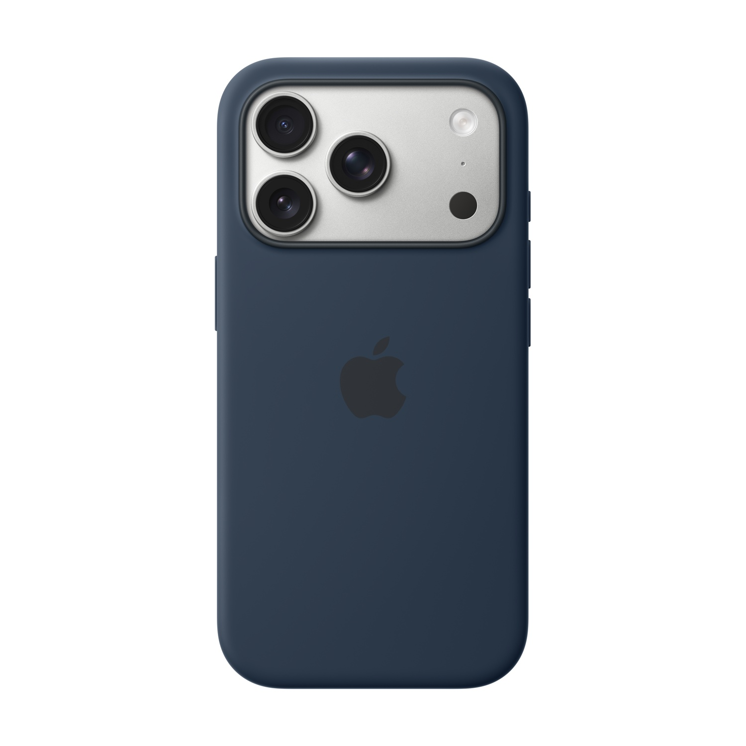 Granatowe etui na iPhone'a z trzema obiektywami aparatu i logo Apple. Tło jest białe.