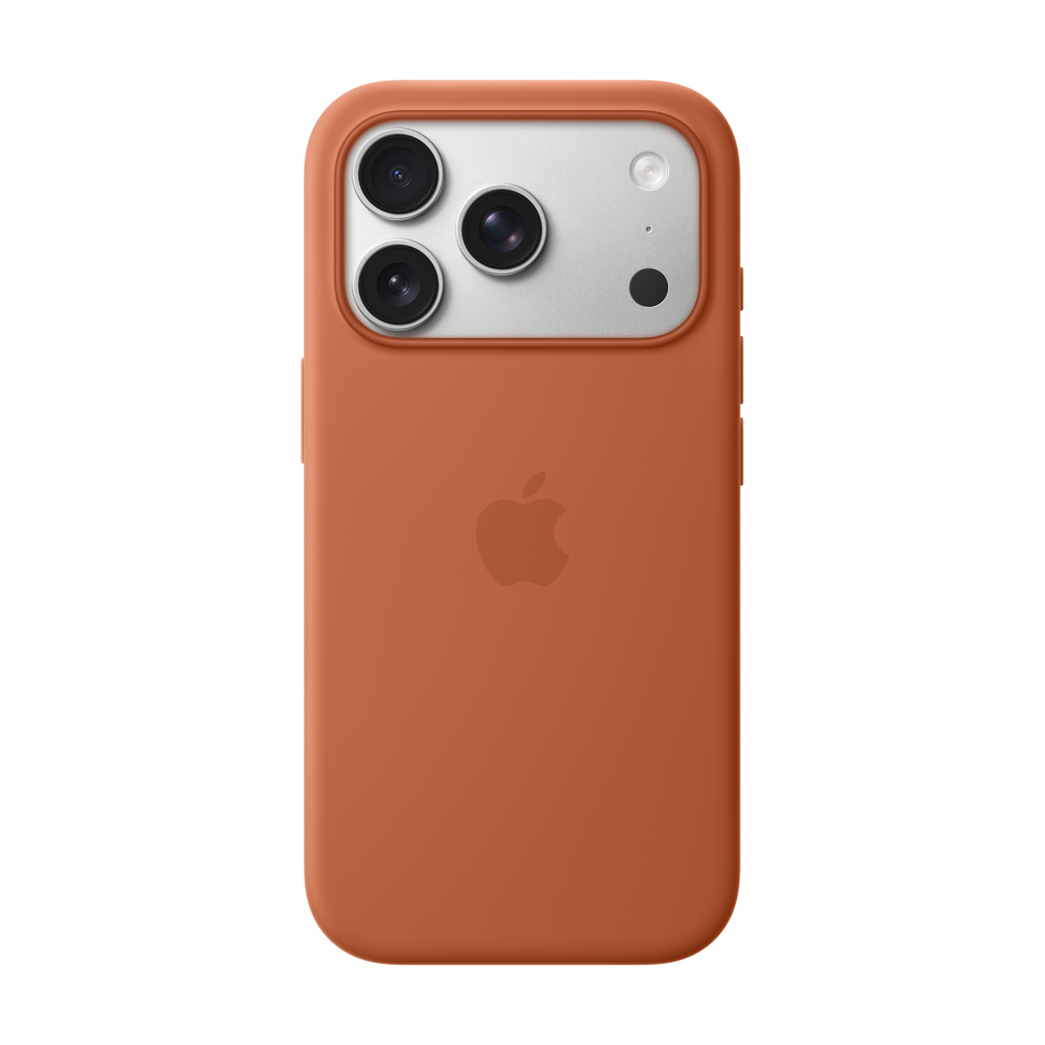 Een oranje iPhone-hoesje met een zilveren cameragedeelte. De hoes heeft drie cameralenzen en een Apple-logo. Witte achtergrond.