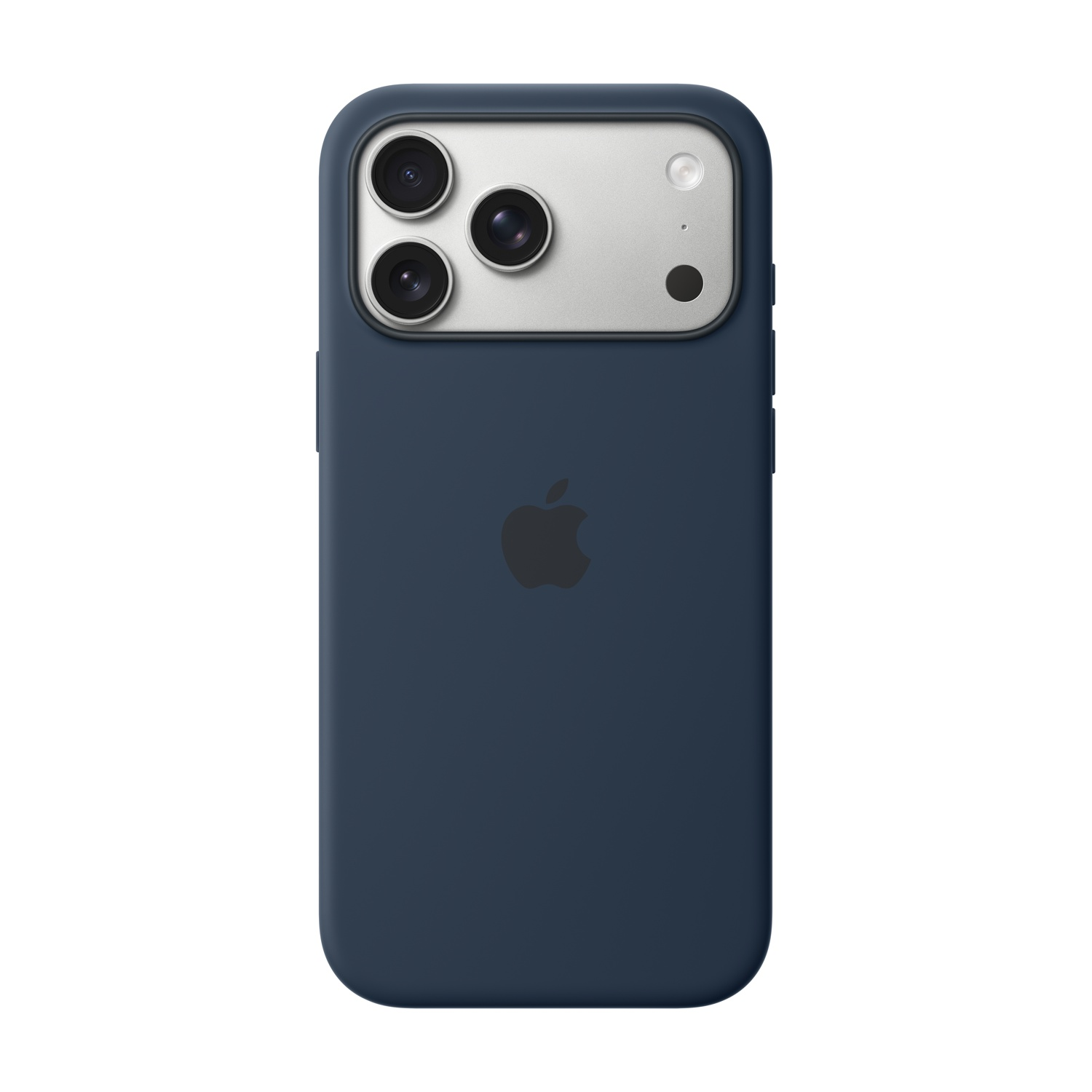 Dunkelblaue iPhone-Hülle mit silbernem Kameramodul. Drei Linsen und ein Blitz sind sichtbar. Das Apple-Logo ist in der Mitte.